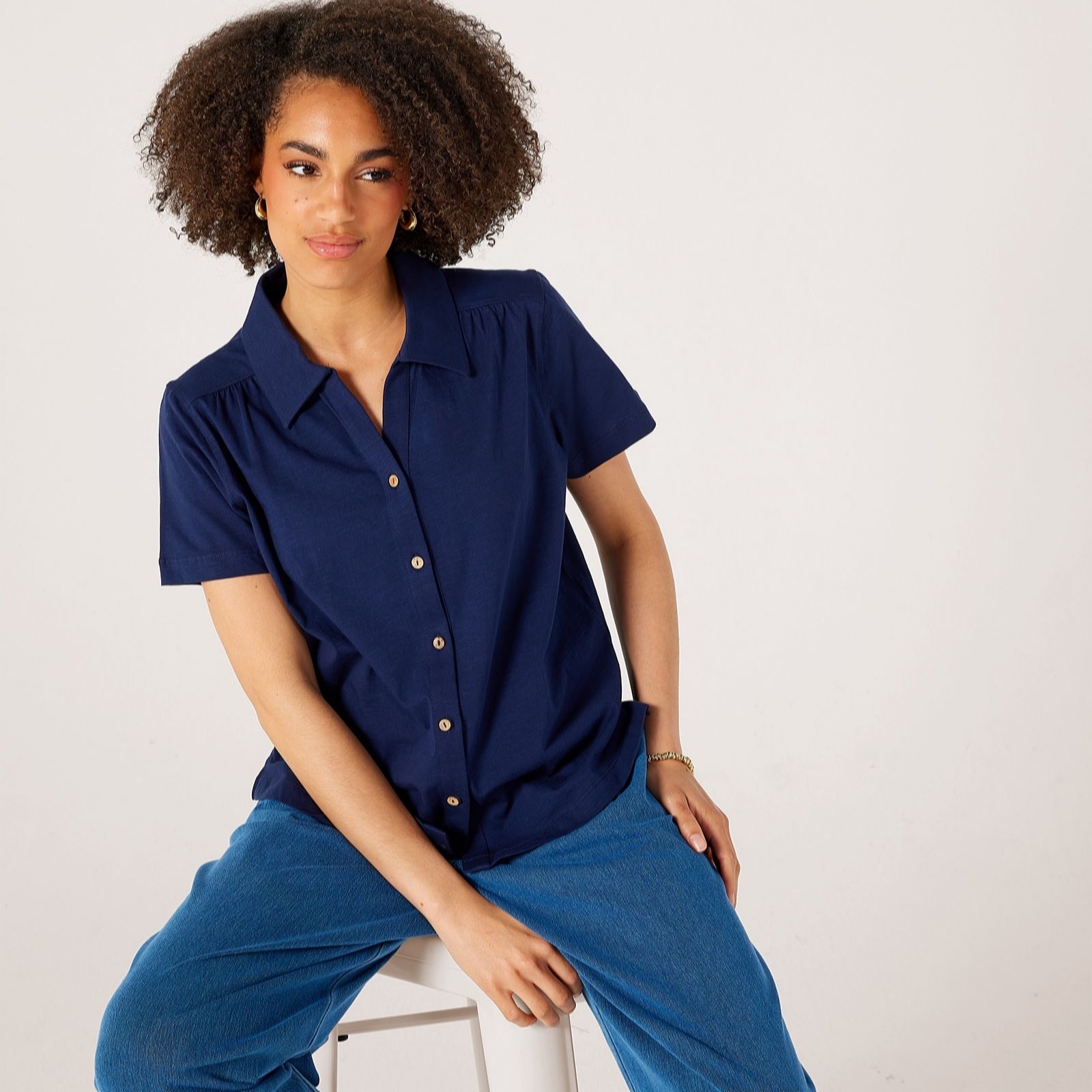 Denim & Co. Cotton Short Sleeve Jersey Slub Shirt