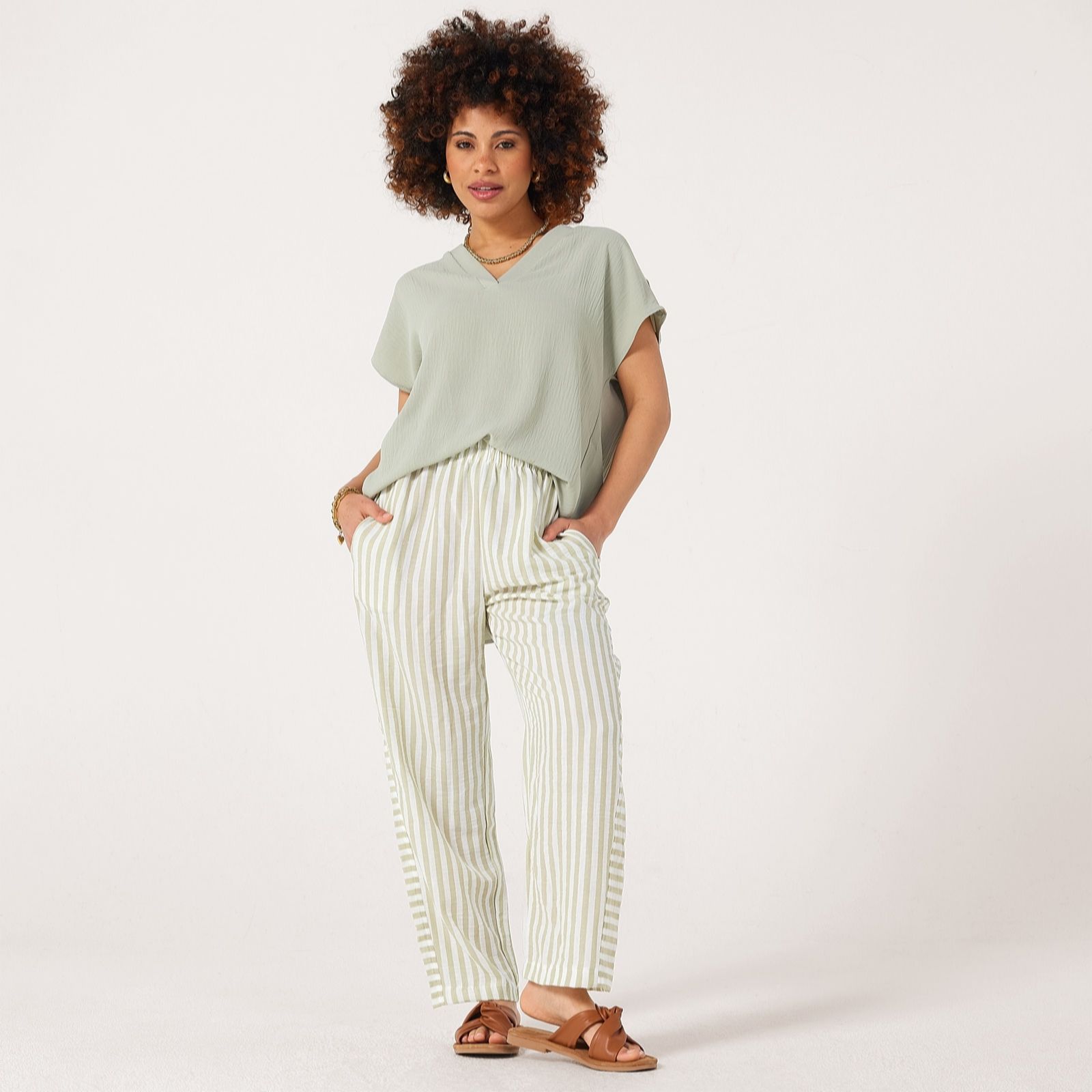 Kim & Co Striped Linen Feel Maya Ankle Length Relaxed Trousers