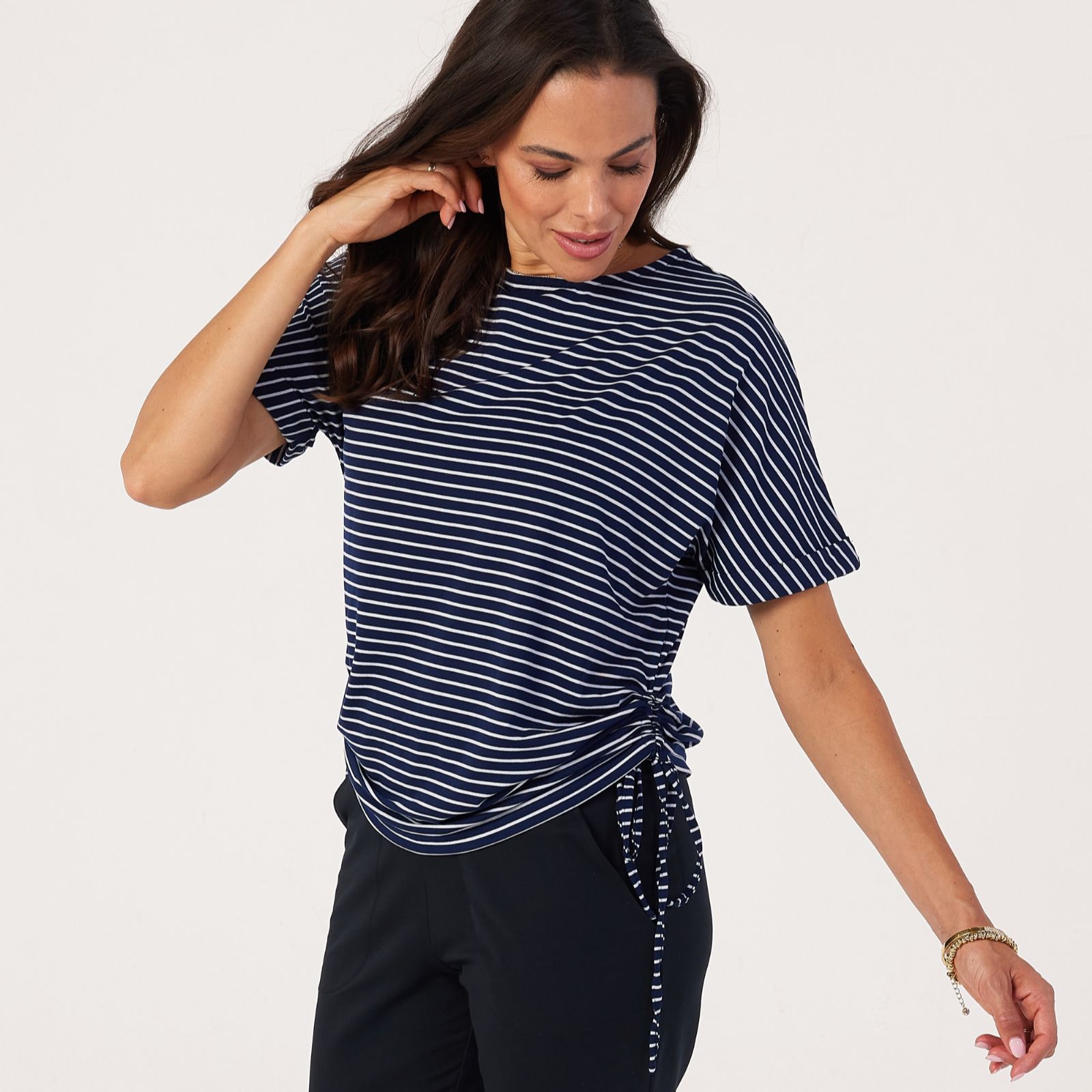 Apricot Striped Ruched Sides Jersey Top
