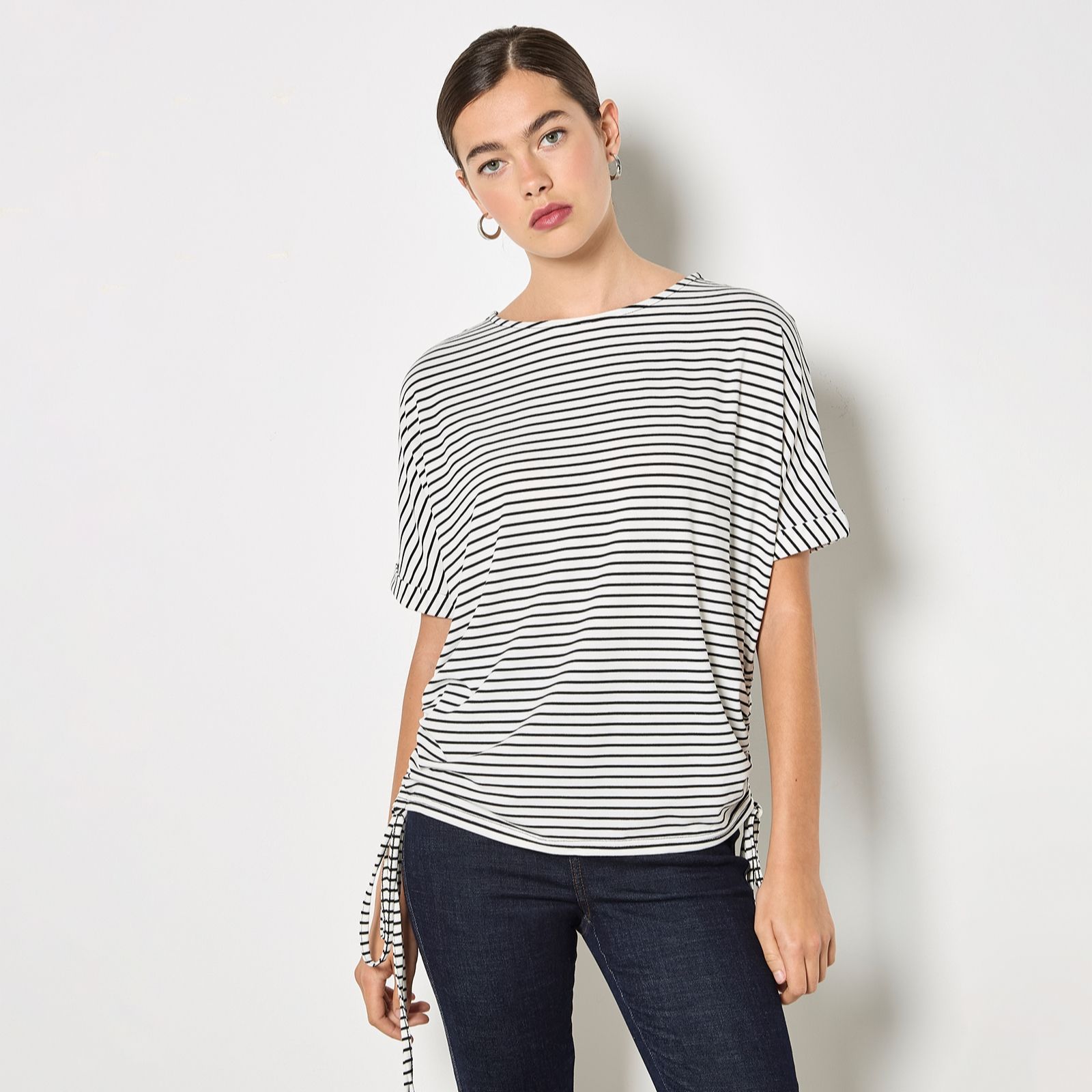 Apricot Striped Ruched Sides Jersey Top