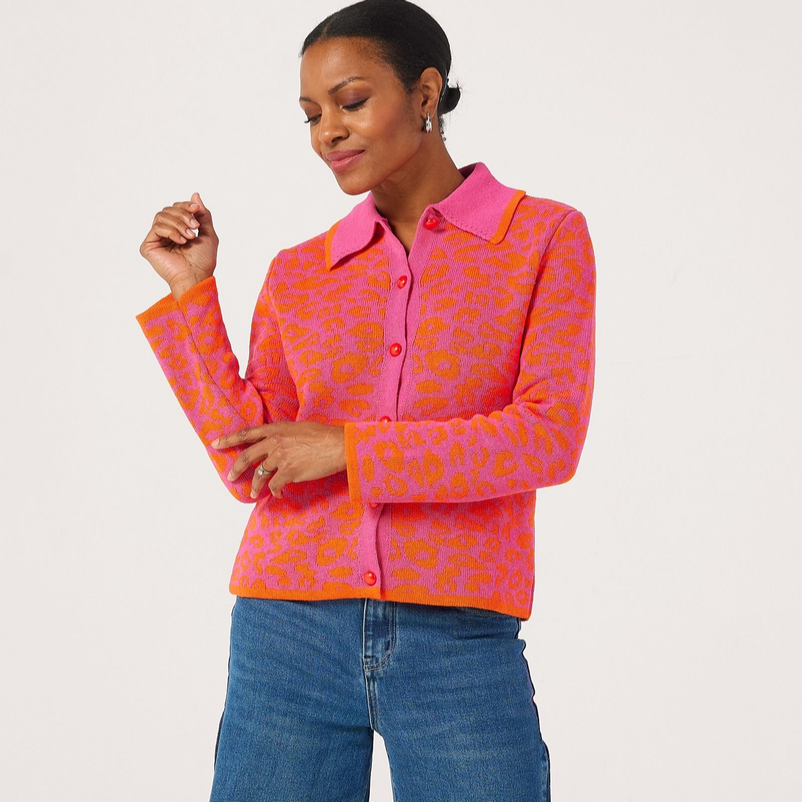 Helene Berman Knitwear Cotton Blend Leopard Button Up Cardigan