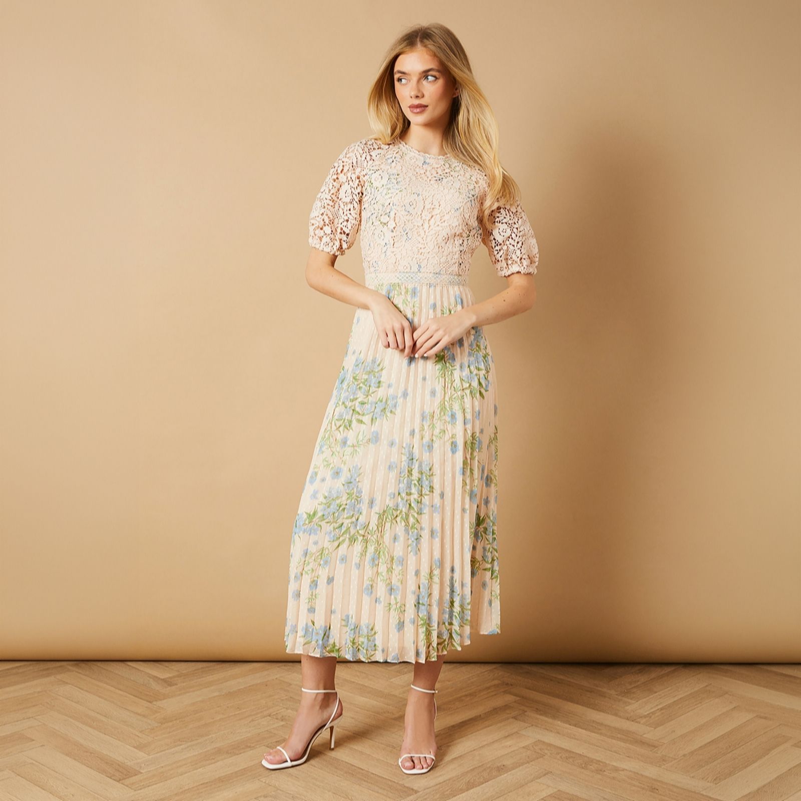 Oasis Occasion Floral Lace Bodice Pleated Midi Dress Standard