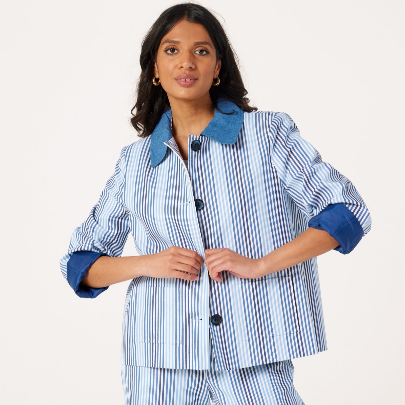 Helene Berman Striped Denim Stretch Swing Jacket