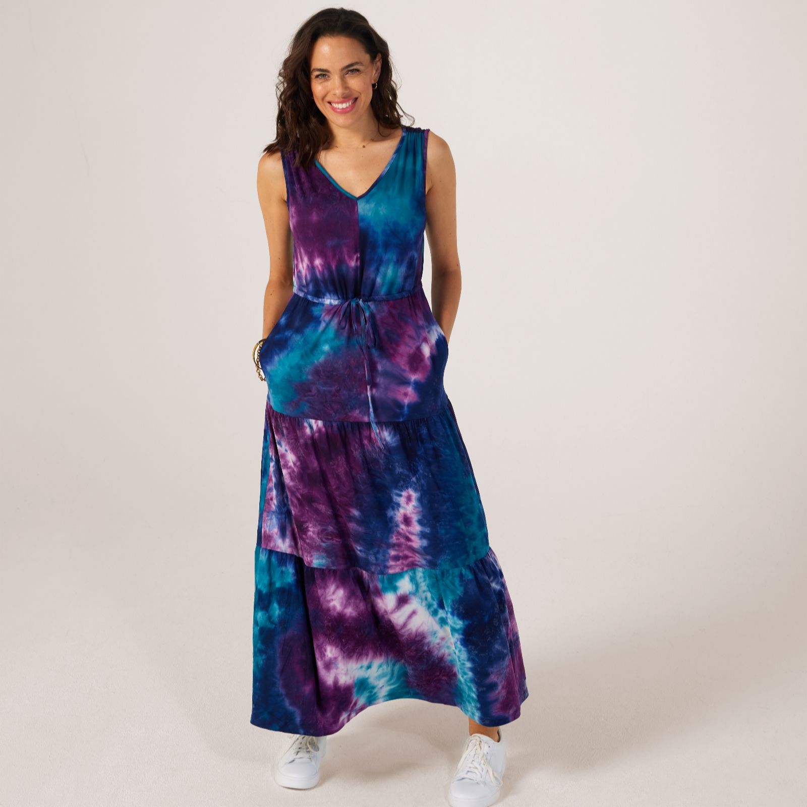 Nina Leonard Drawstring Tie Dye Tiered Maxi Dress - QVC UK