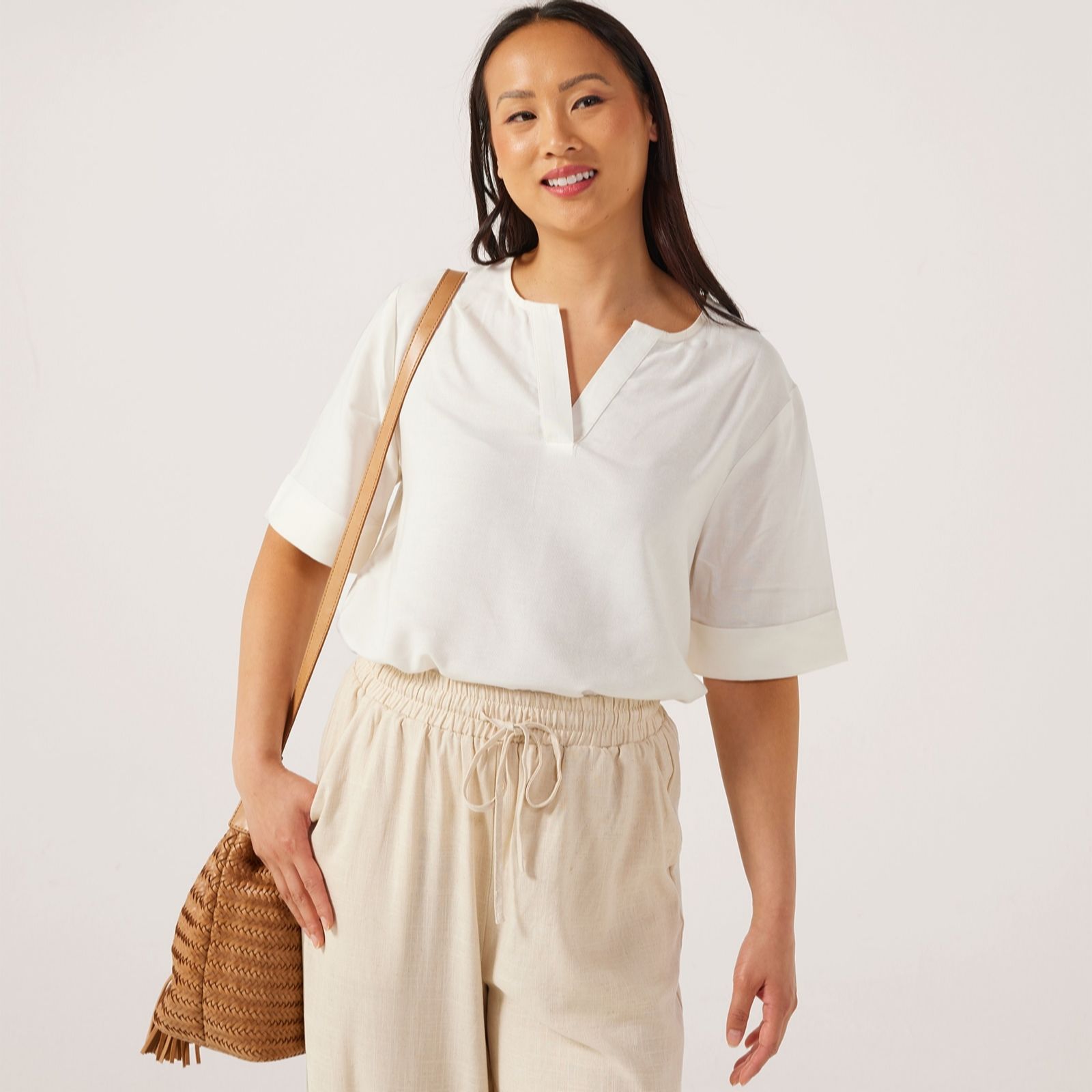 Denim & Co. Linen Blend V Neck Blouse