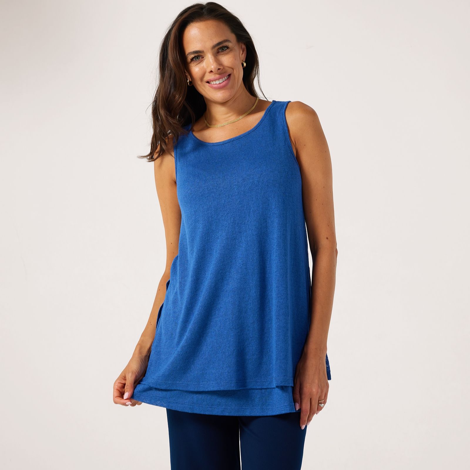 Kim & Co Linen Look Knit Sleeveless Double Layer Tunic