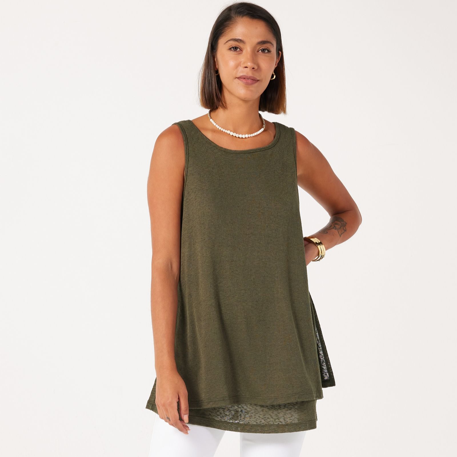 Kim & Co Linen Look Knit Sleeveless Double Layer Tunic