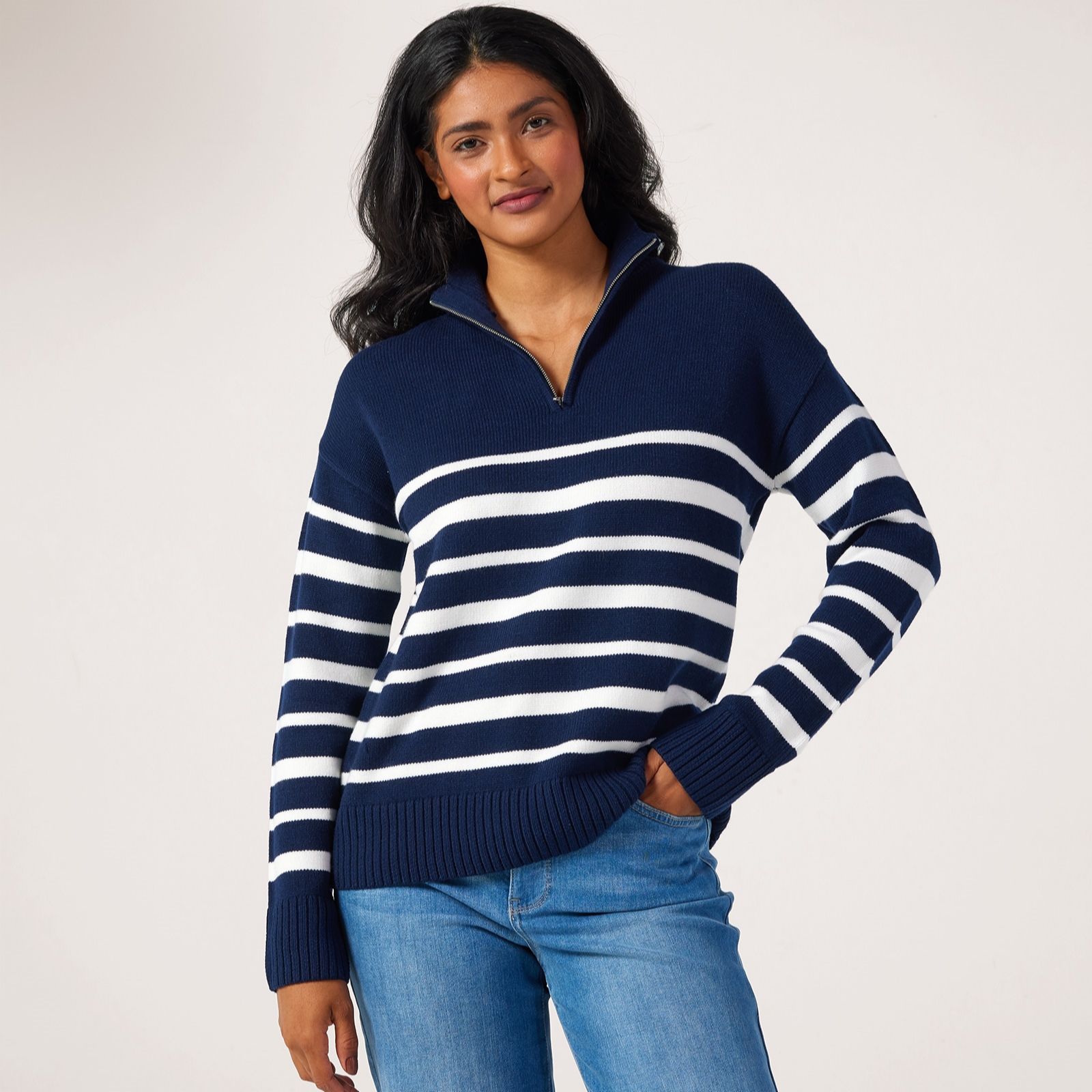 Denim & Co. Zip Stripe Jumper