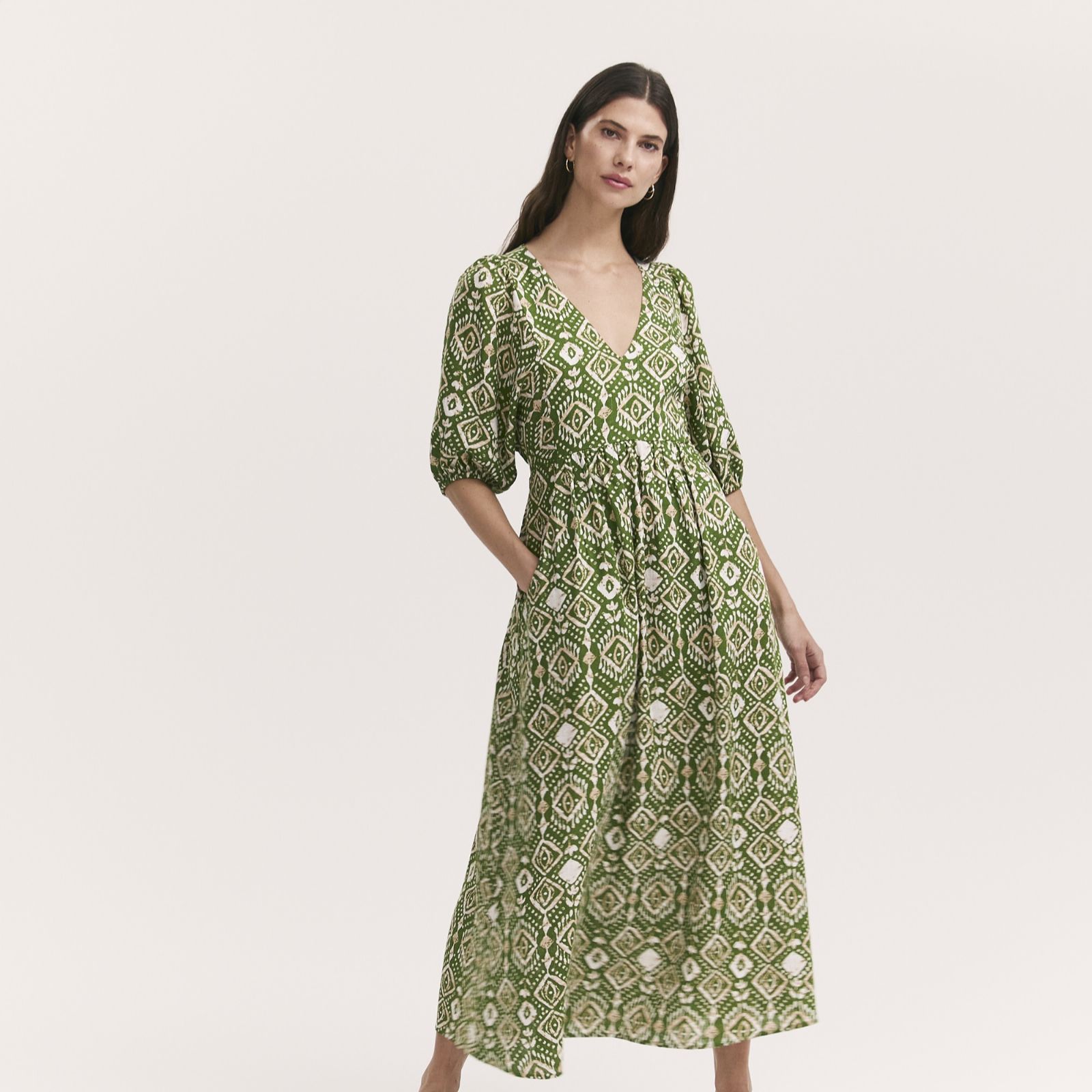 Finery London Katie Printed Puff Sleeve V Neck Dress