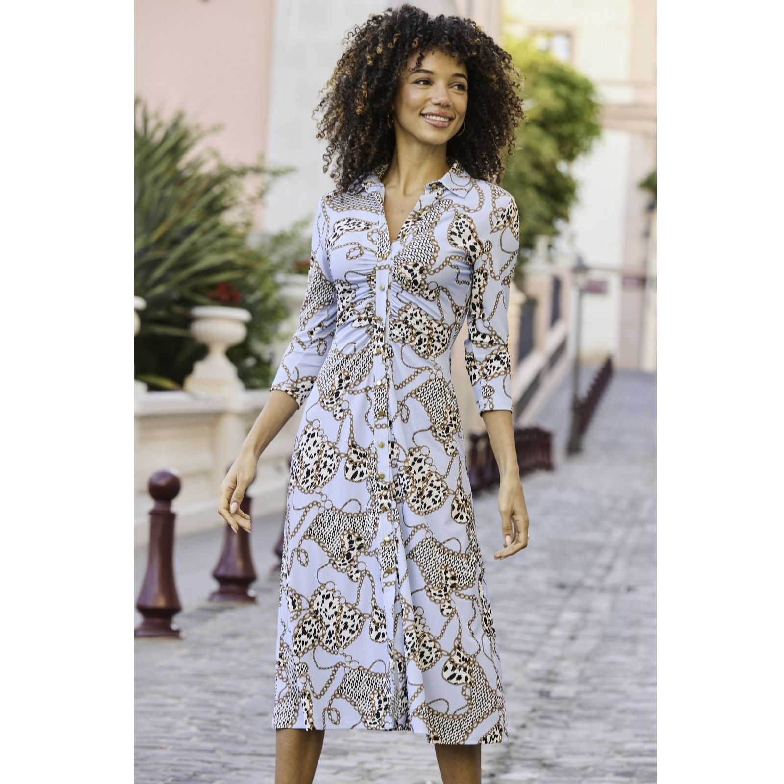 Sosandar Blue Wow Print Ruched Front Midi Dress