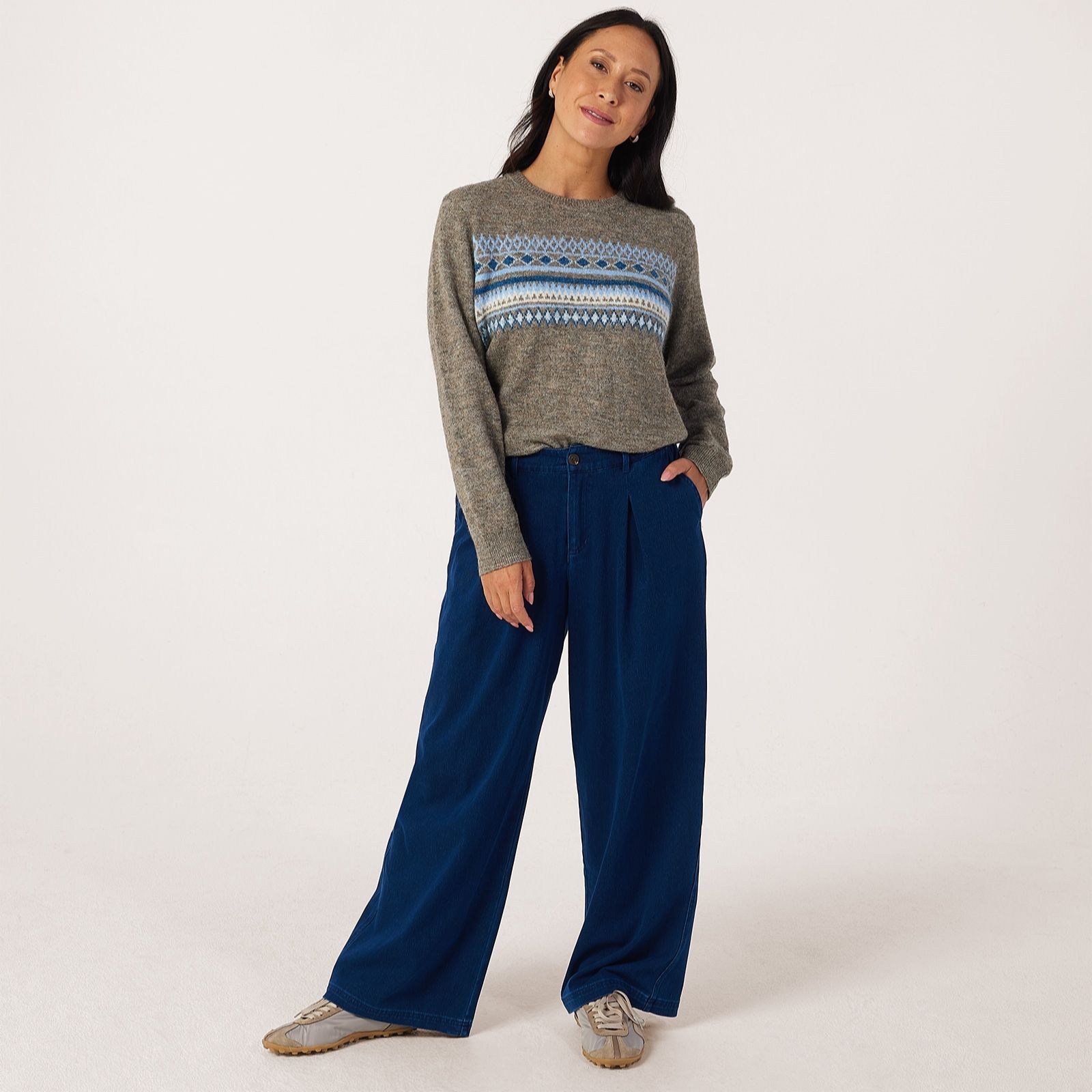 Denim & Co Comfy Knit Denim Pleat Front Trousers Petite