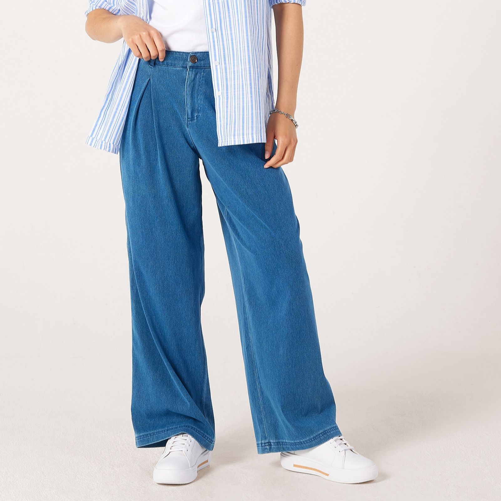 Denim & Co Comfy Knit Denim Pleat Front Trousers Petite