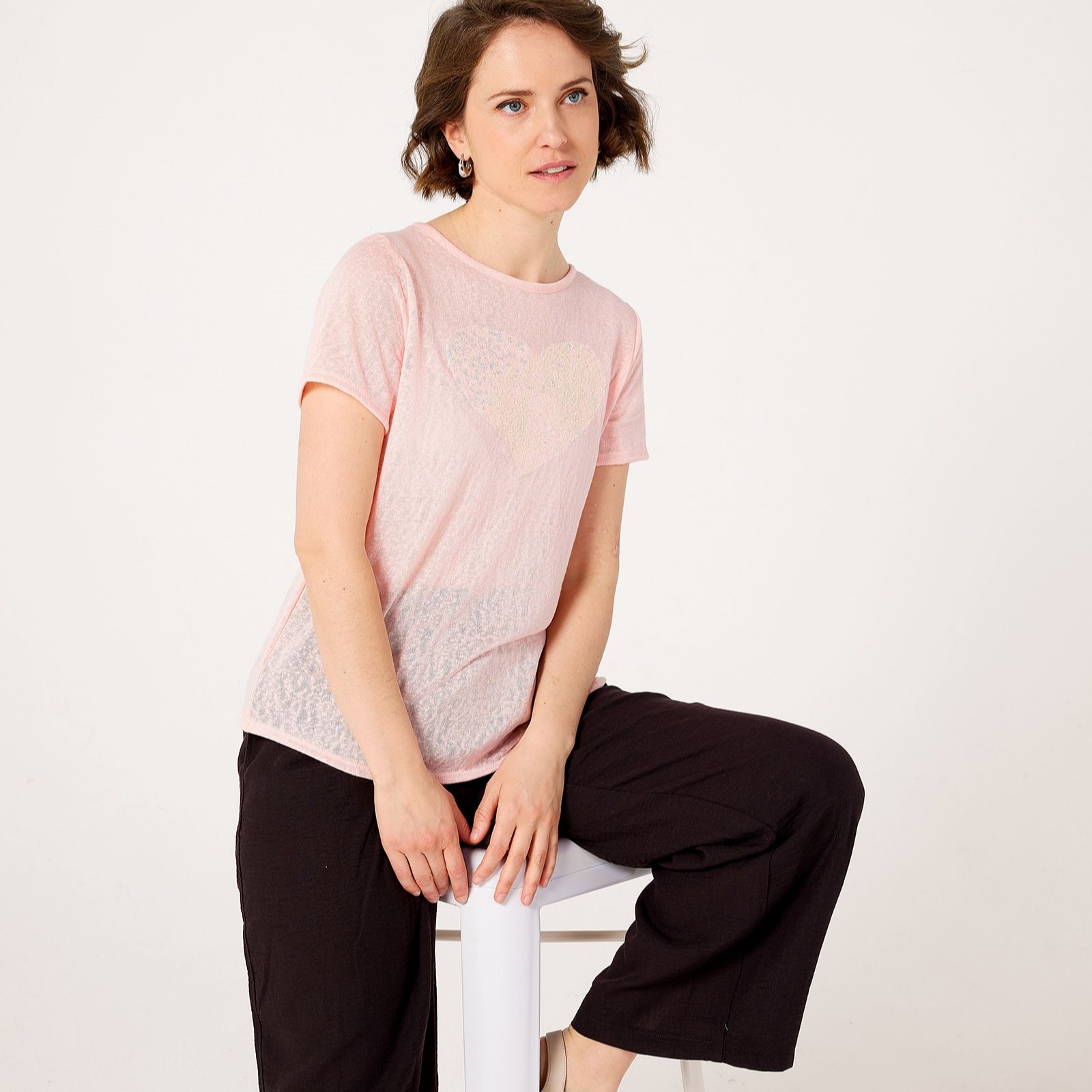 Kim & Co Linen Look Sequins Heart T-Shirt