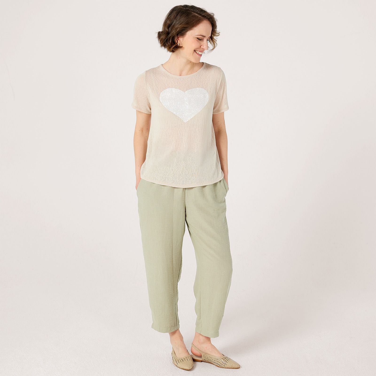 Kim & Co Linen Look Sequins Heart T-Shirt