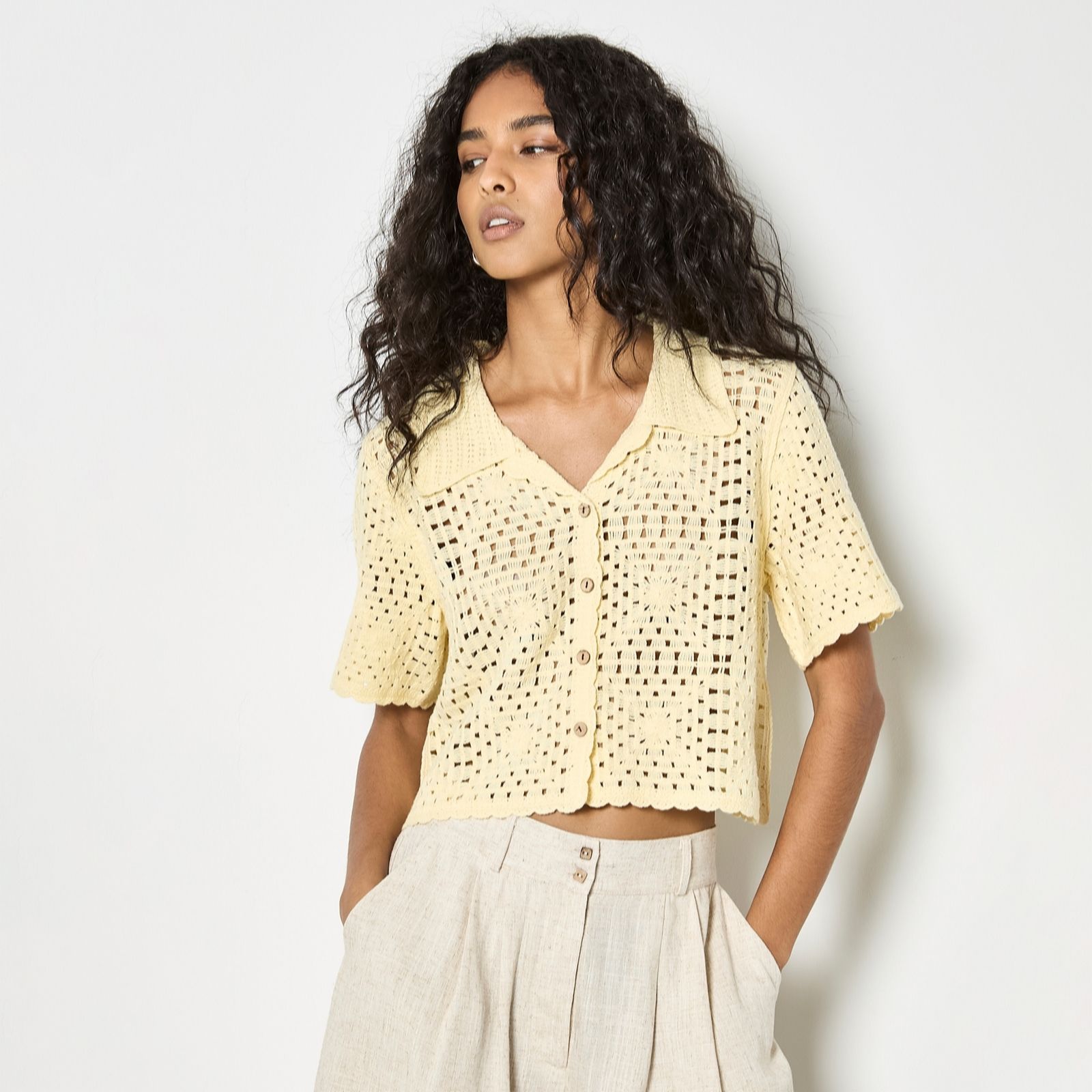 Apricot Crochet Collar Coconut Button Top