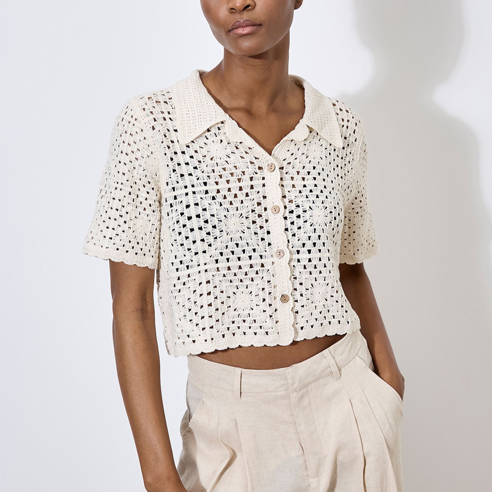 Apricot Crochet Collar Coconut Button Top