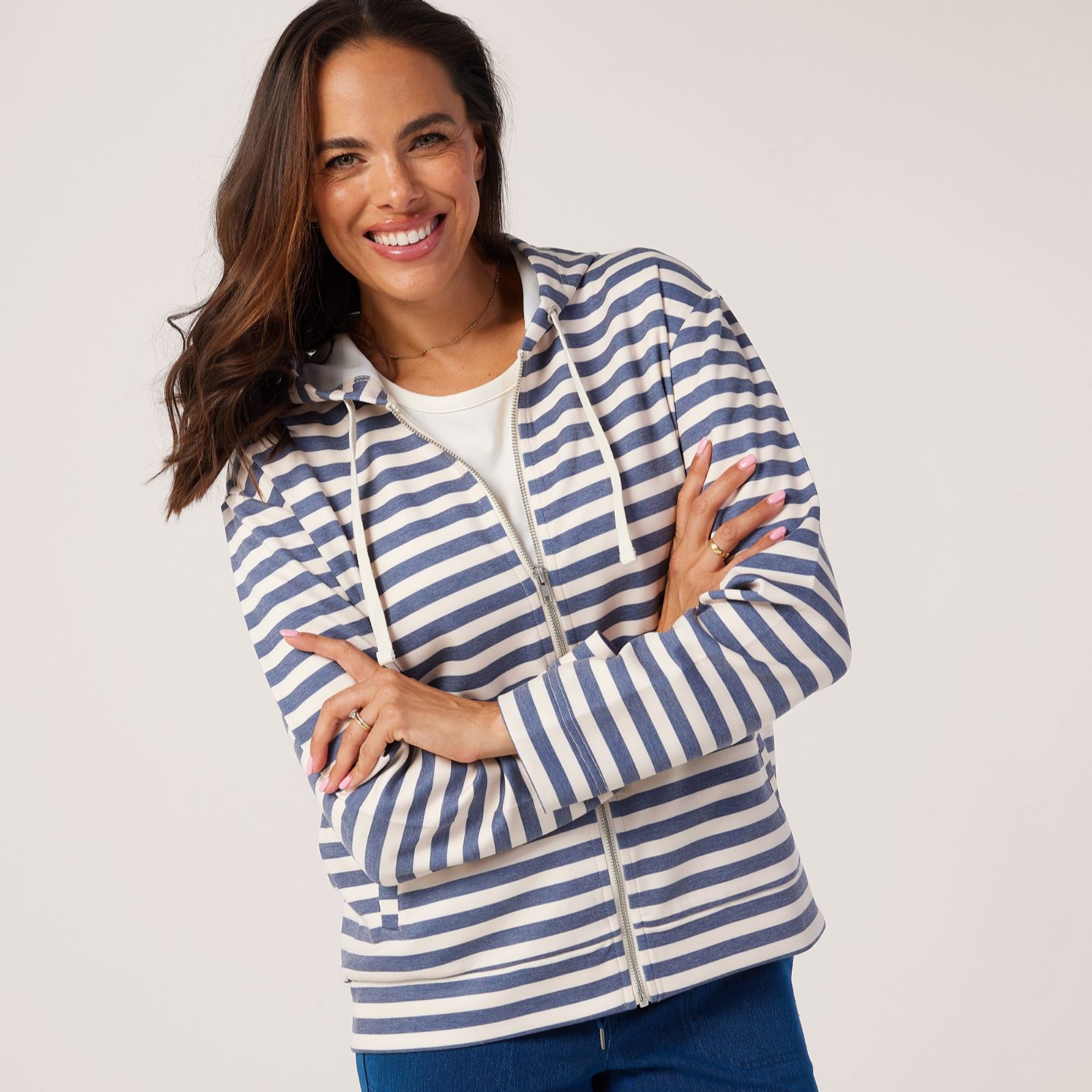 Denim & Co. Zip Through Striped Sweatshirt