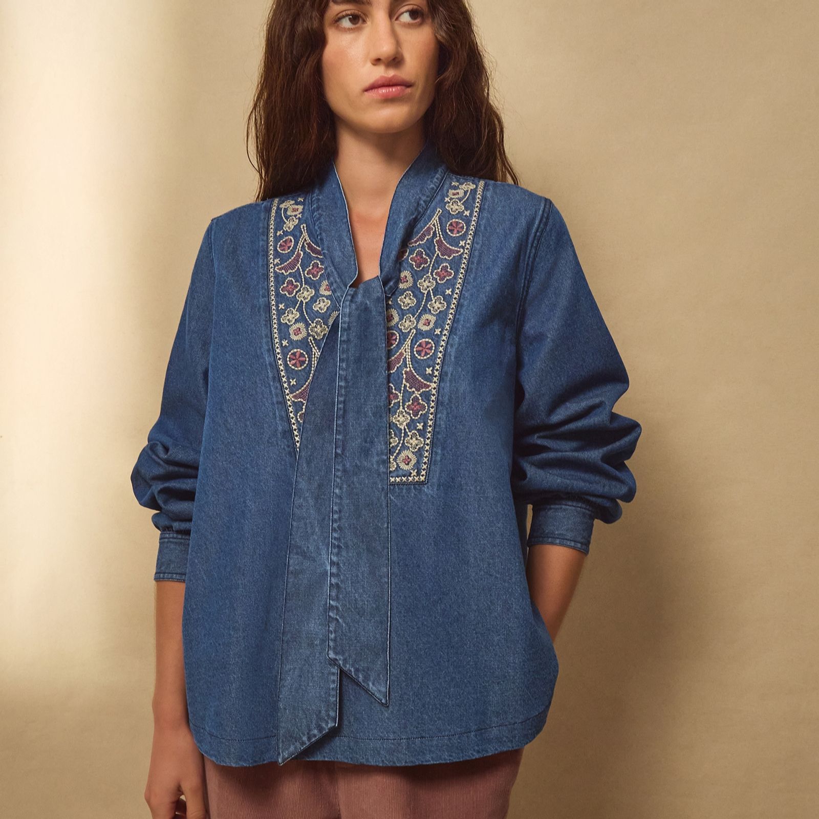 East Dolie Denim Embroidered Blouse