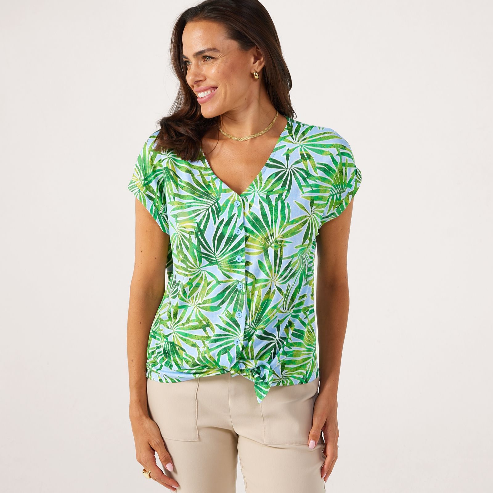 Kim & Co Printed Brazil Jersey Tie Front Shirt
