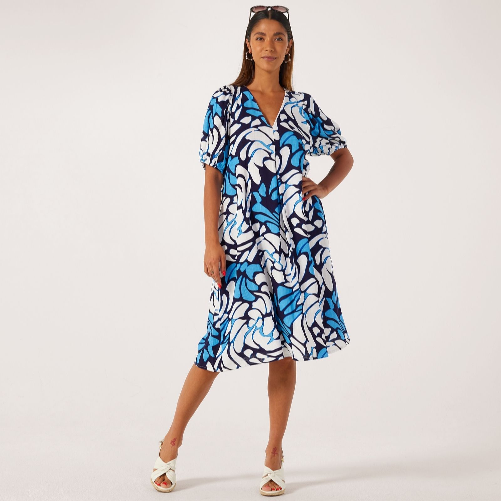 Helene Berman Linen Viscose Mix Printed Puff Sleeve Dress