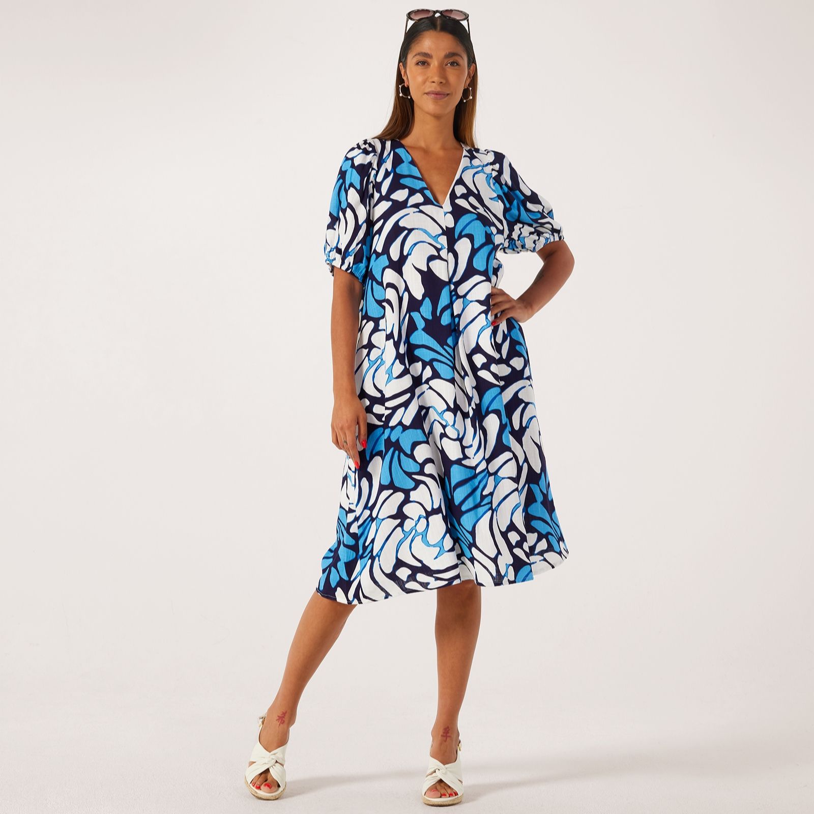 Helene Berman Linen Viscose Mix Printed Puff Sleeve Dress