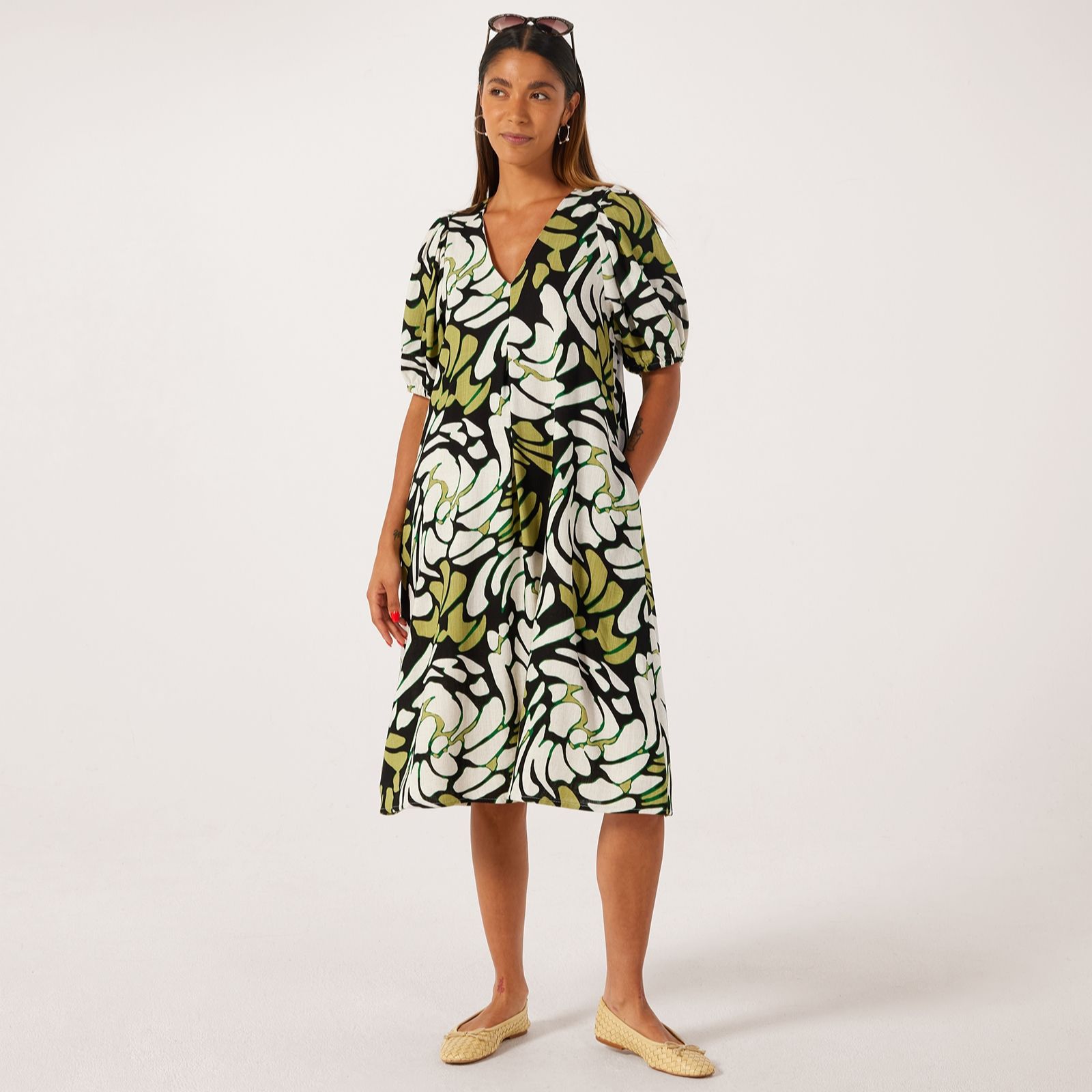 Helene Berman Linen Viscose Mix Printed Puff Sleeve Dress