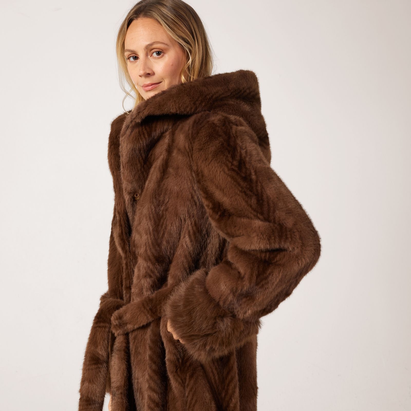 Malissa J Hooded Ombre Faux Fur Coat with Belt