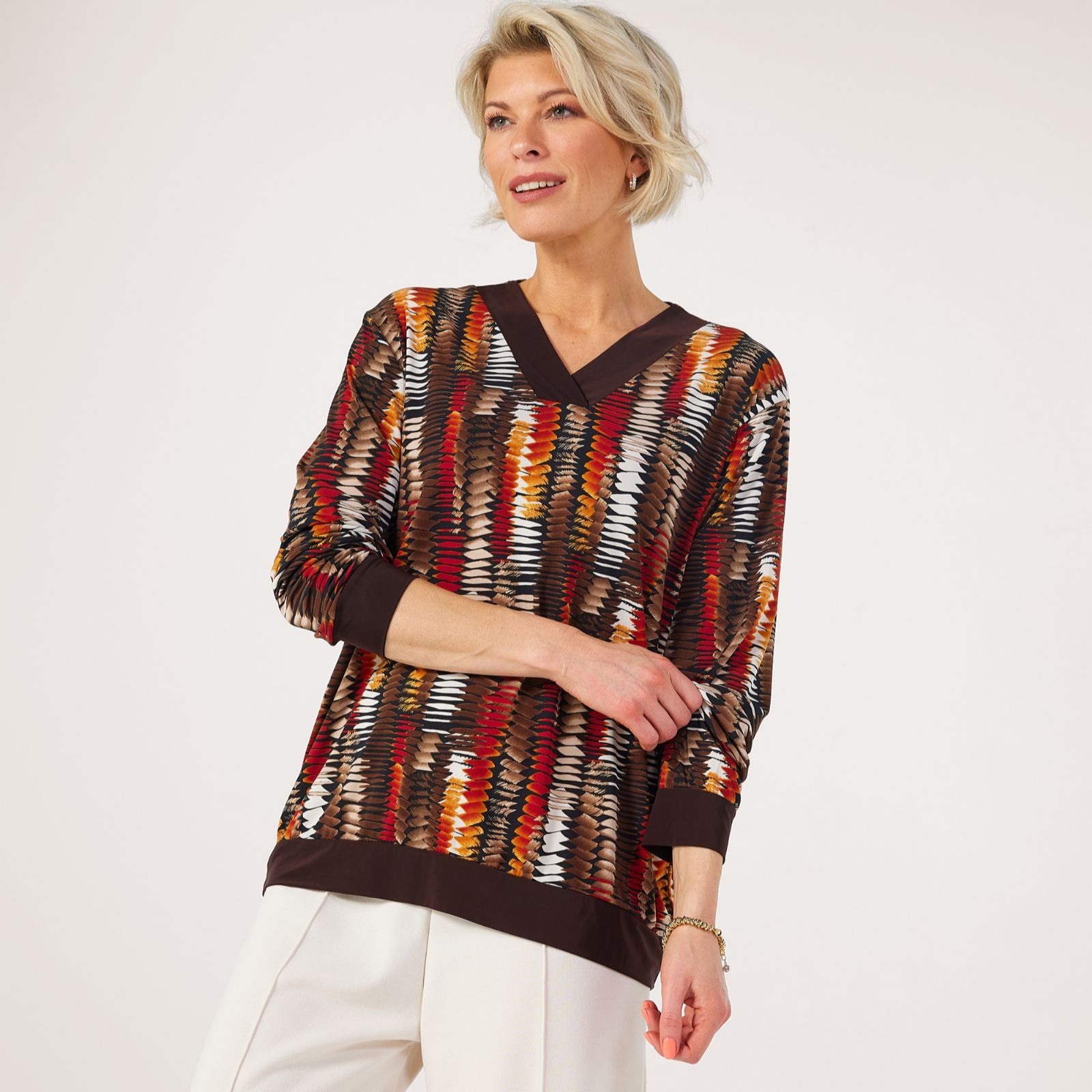 Frank Usher V-Neck Printed Top With Border