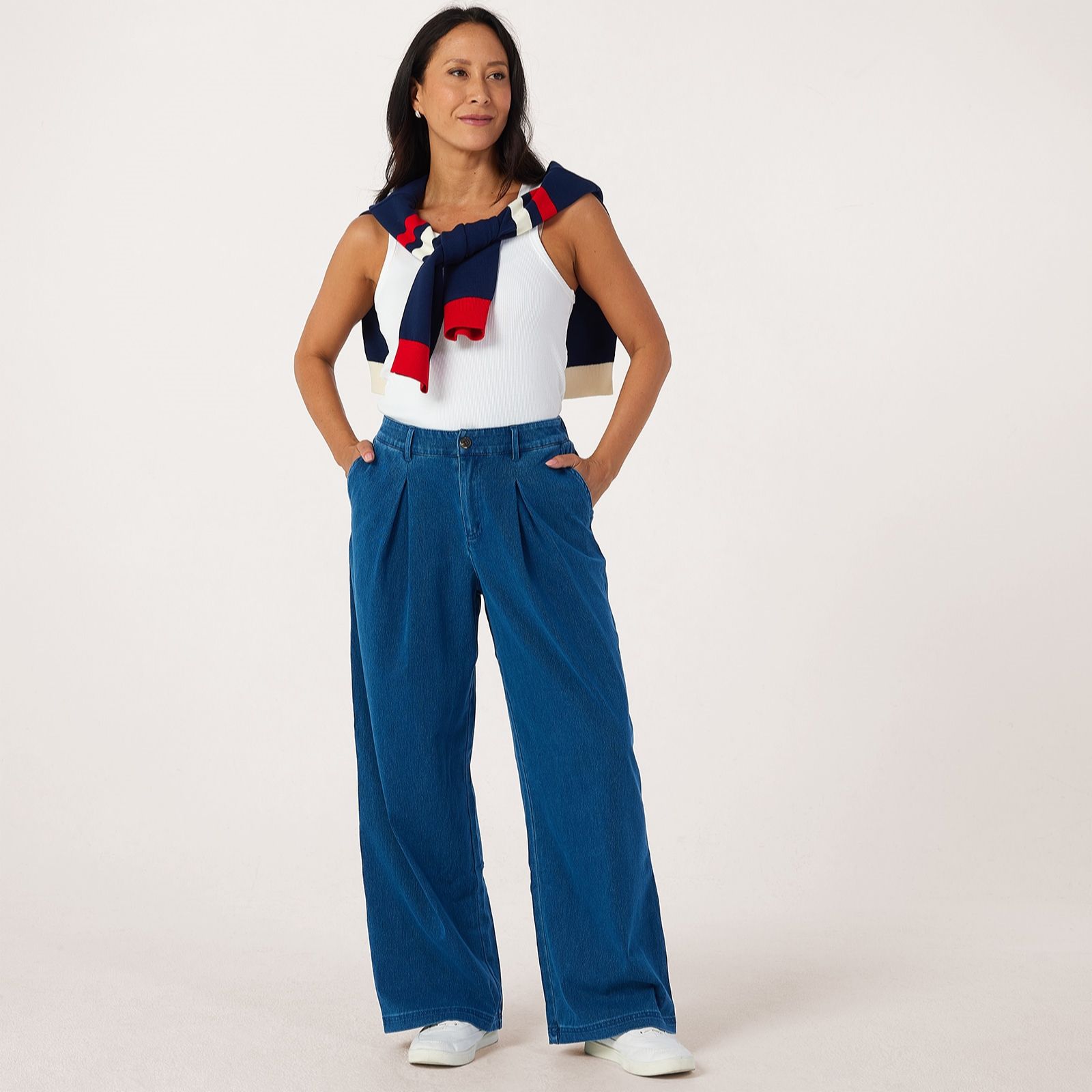 Denim & Co Comfy Knit Denim Pleat Front Trousers Standard