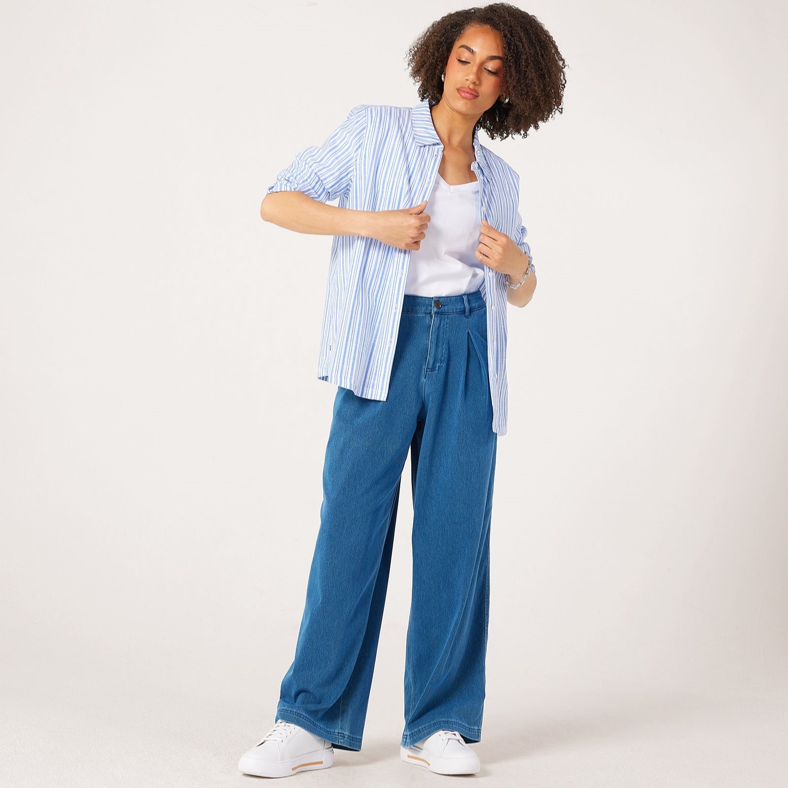 Denim & Co Comfy Knit Denim Pleat Front Trousers Standard