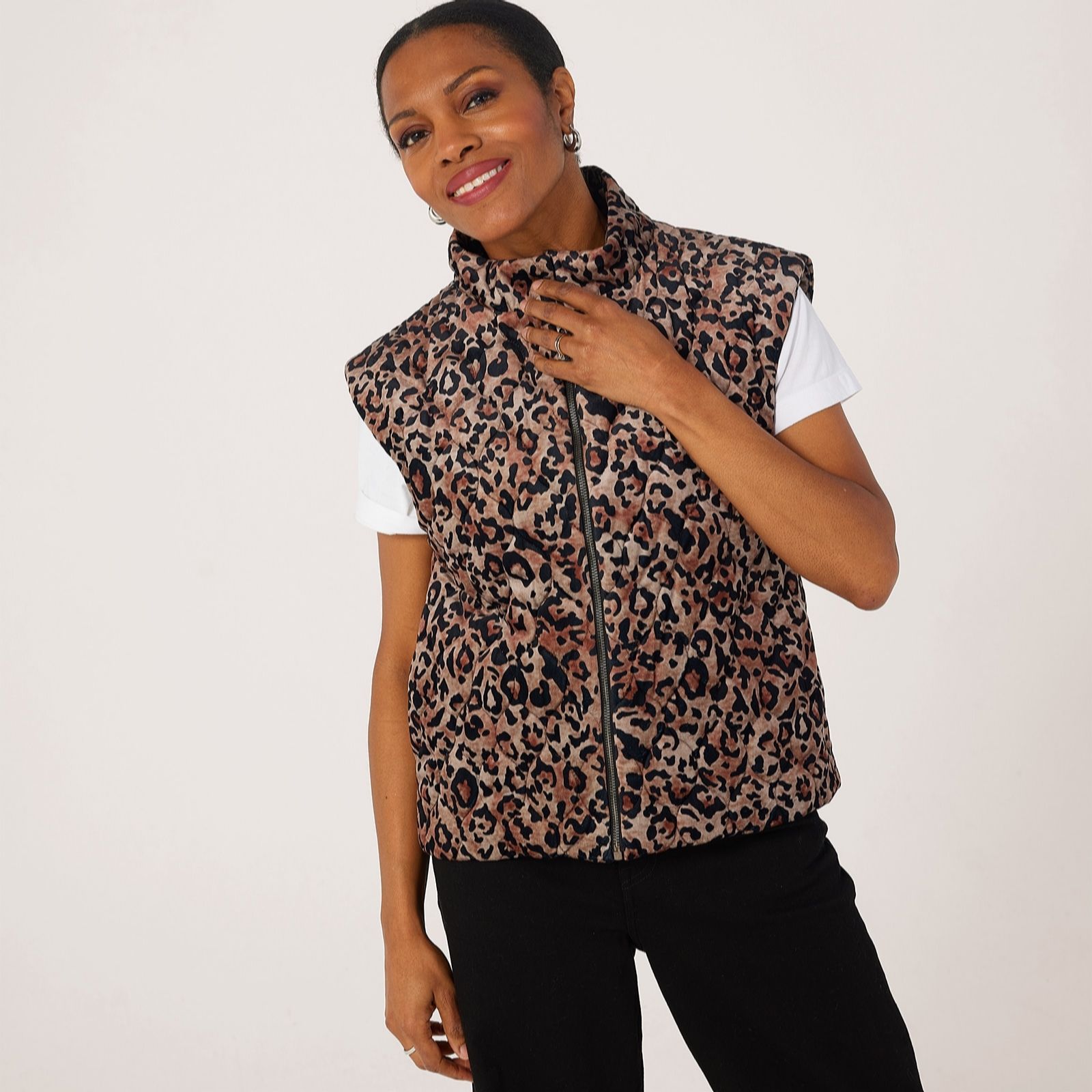 Helene Berman Quilted Animal Print Zip Up Gilet