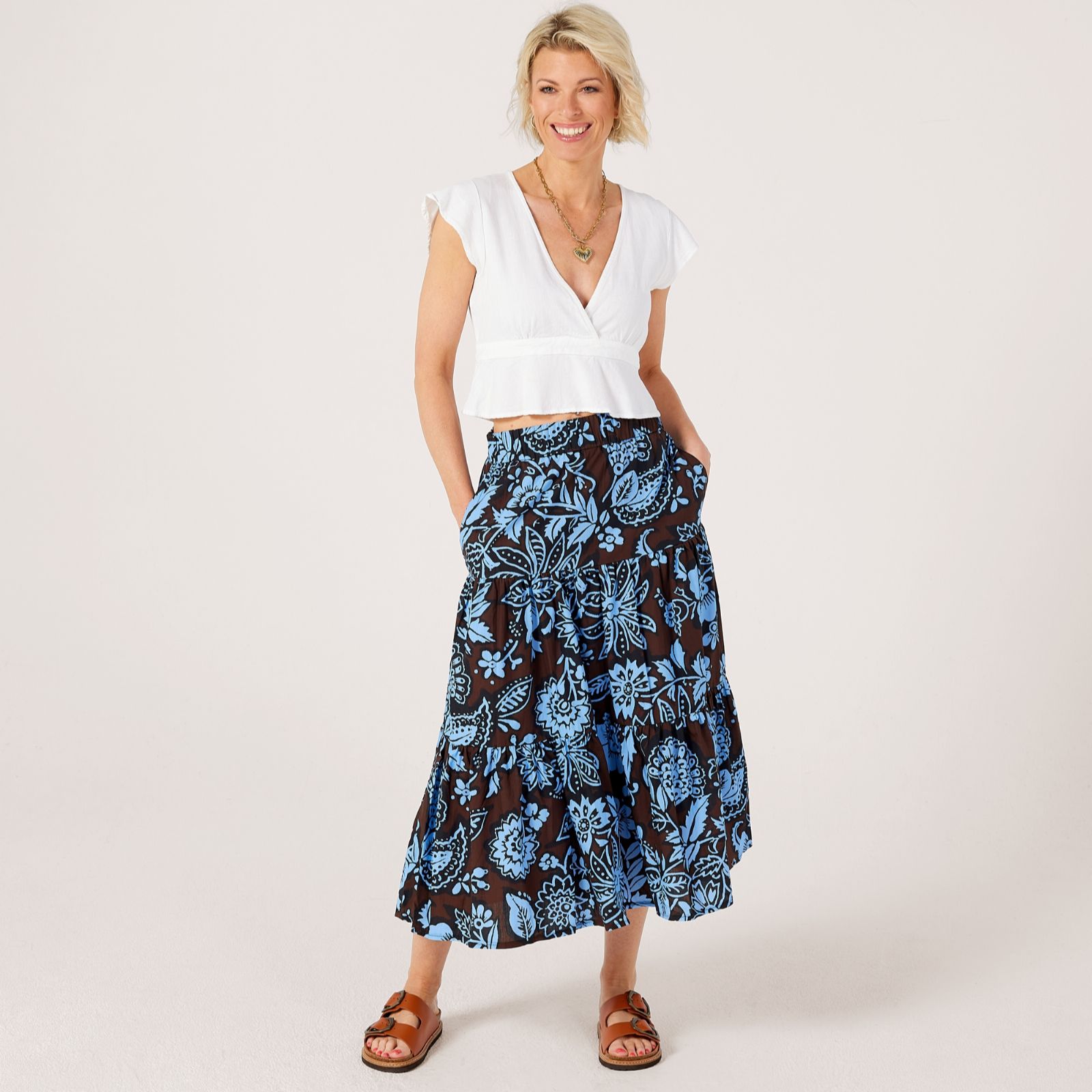 Helene Berman 100% Cotton Printed Maxi Tiered Skirt