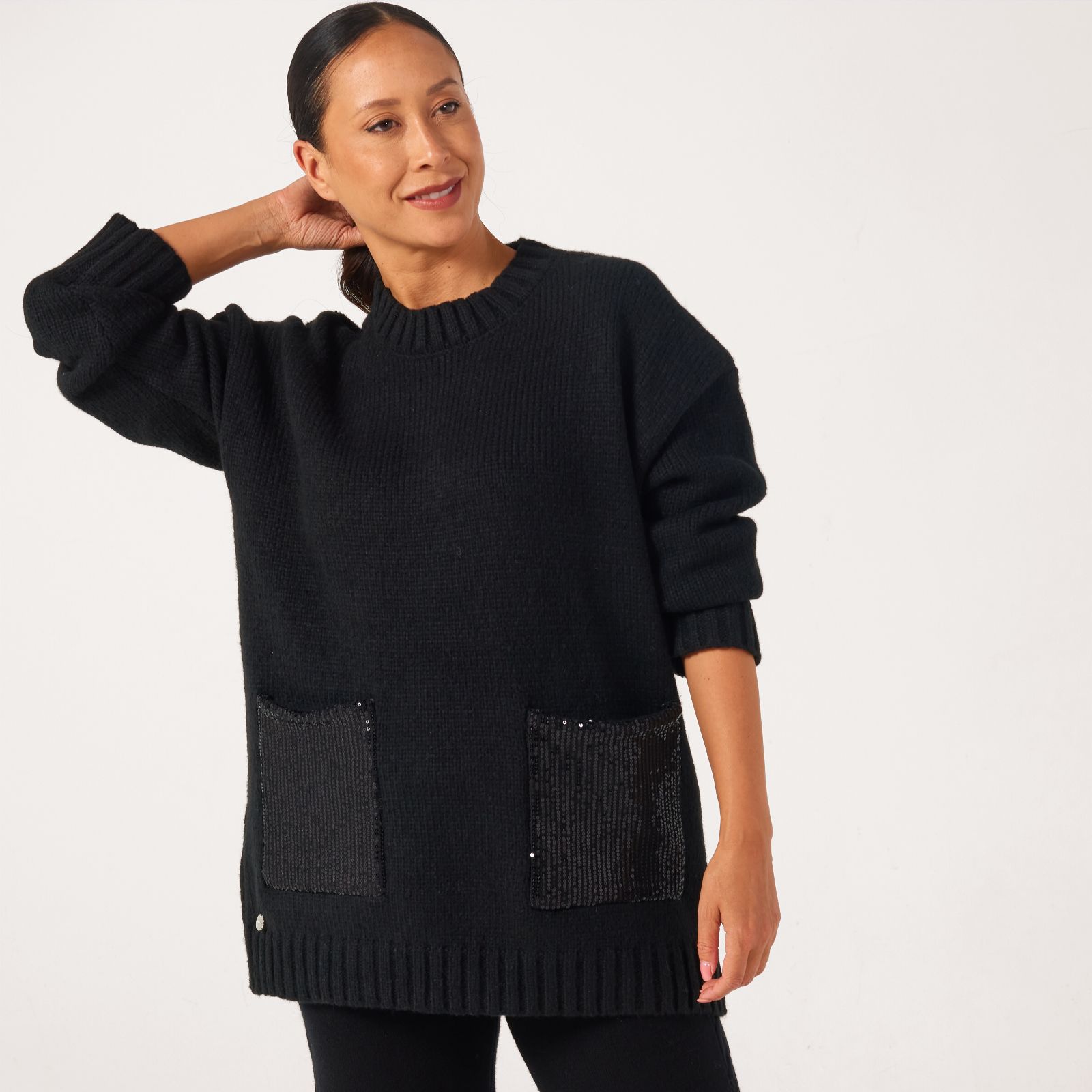 Malissa J Round Neck Knit Jumper with Sequin Pockets