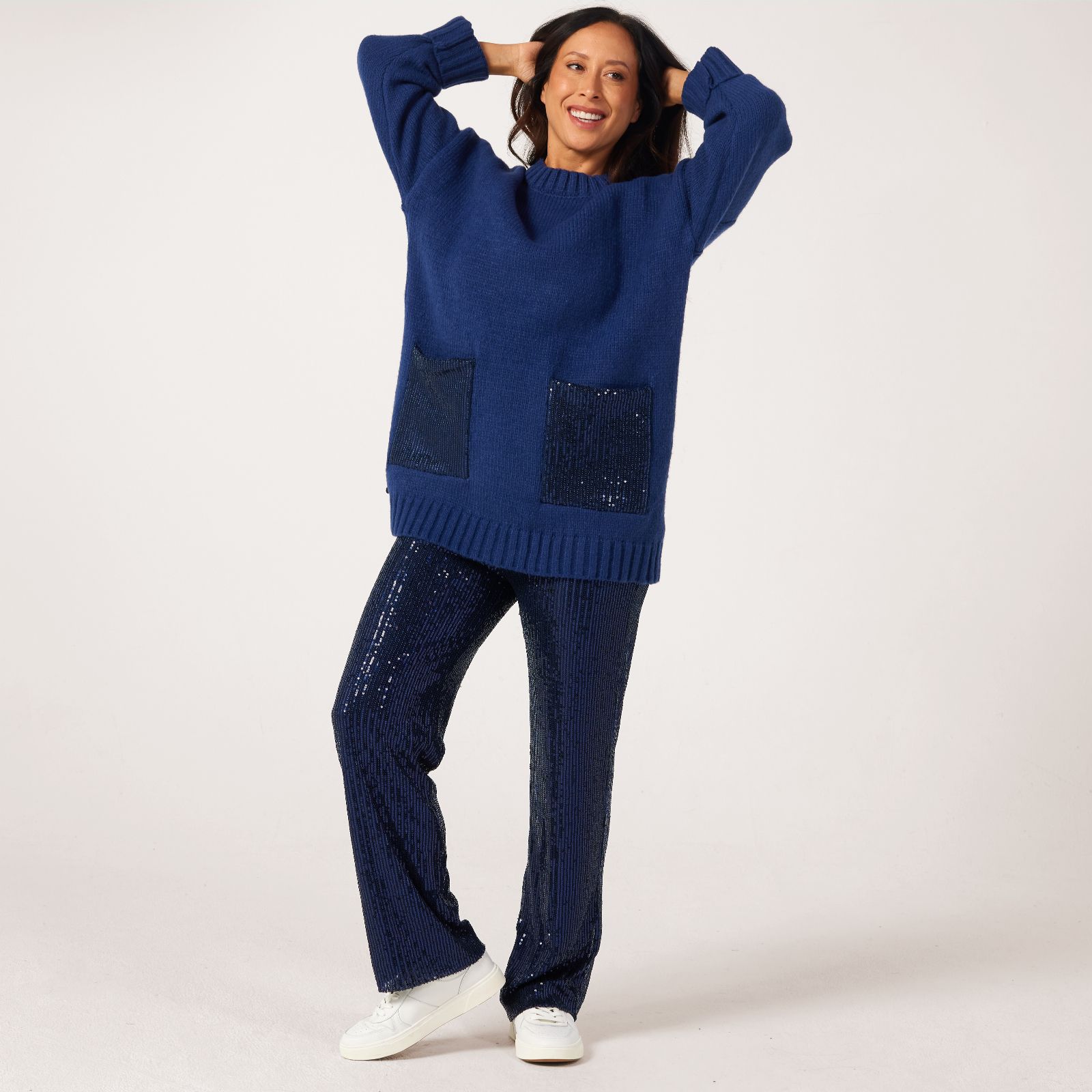 Malissa J Round Neck Knit Jumper with Sequin Pockets