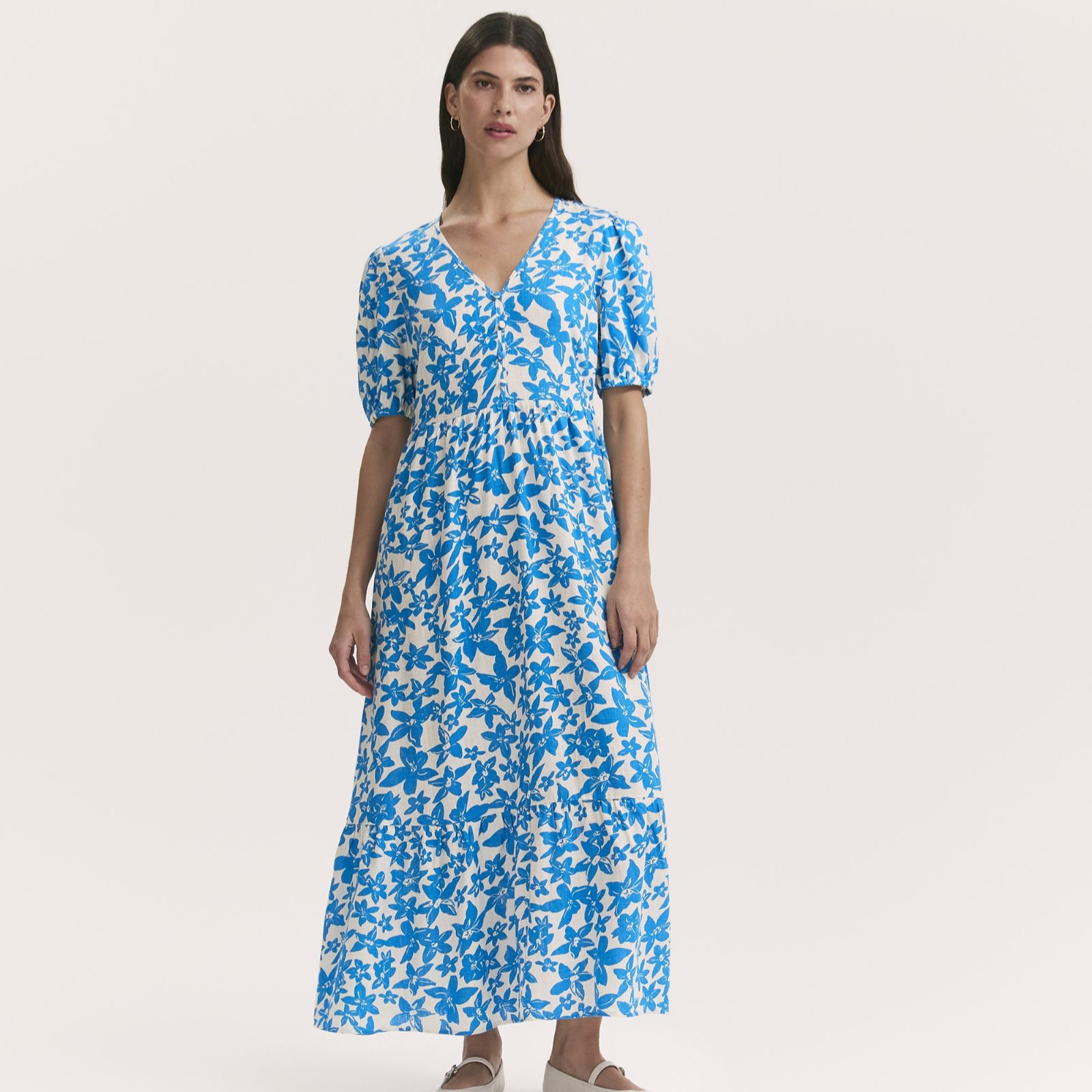 Finery London Sabine Blue Flower Print Dress with Button Detail