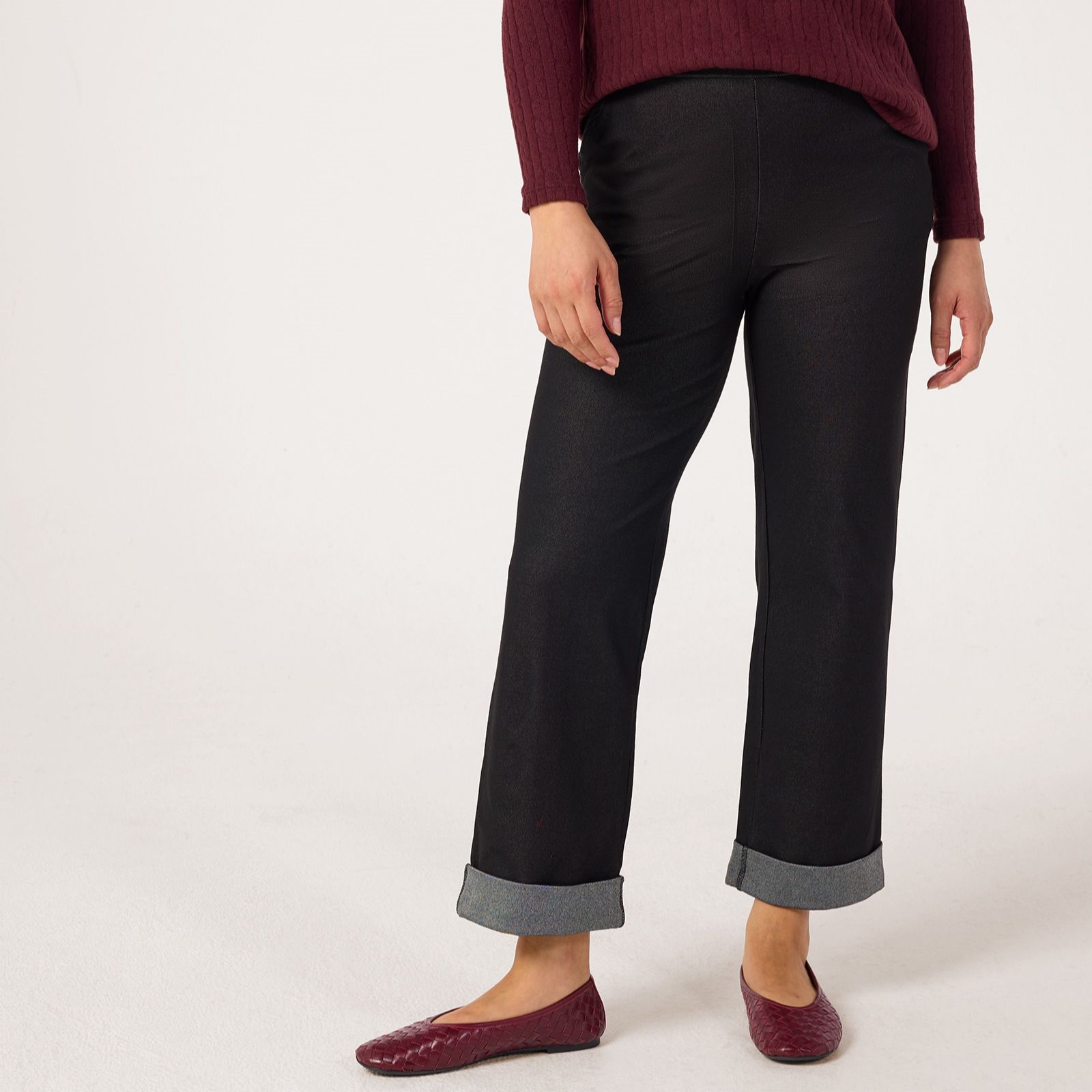 Kim & Co Deluxe Denim Knit Straight Ankle Cuff Petite Trousers