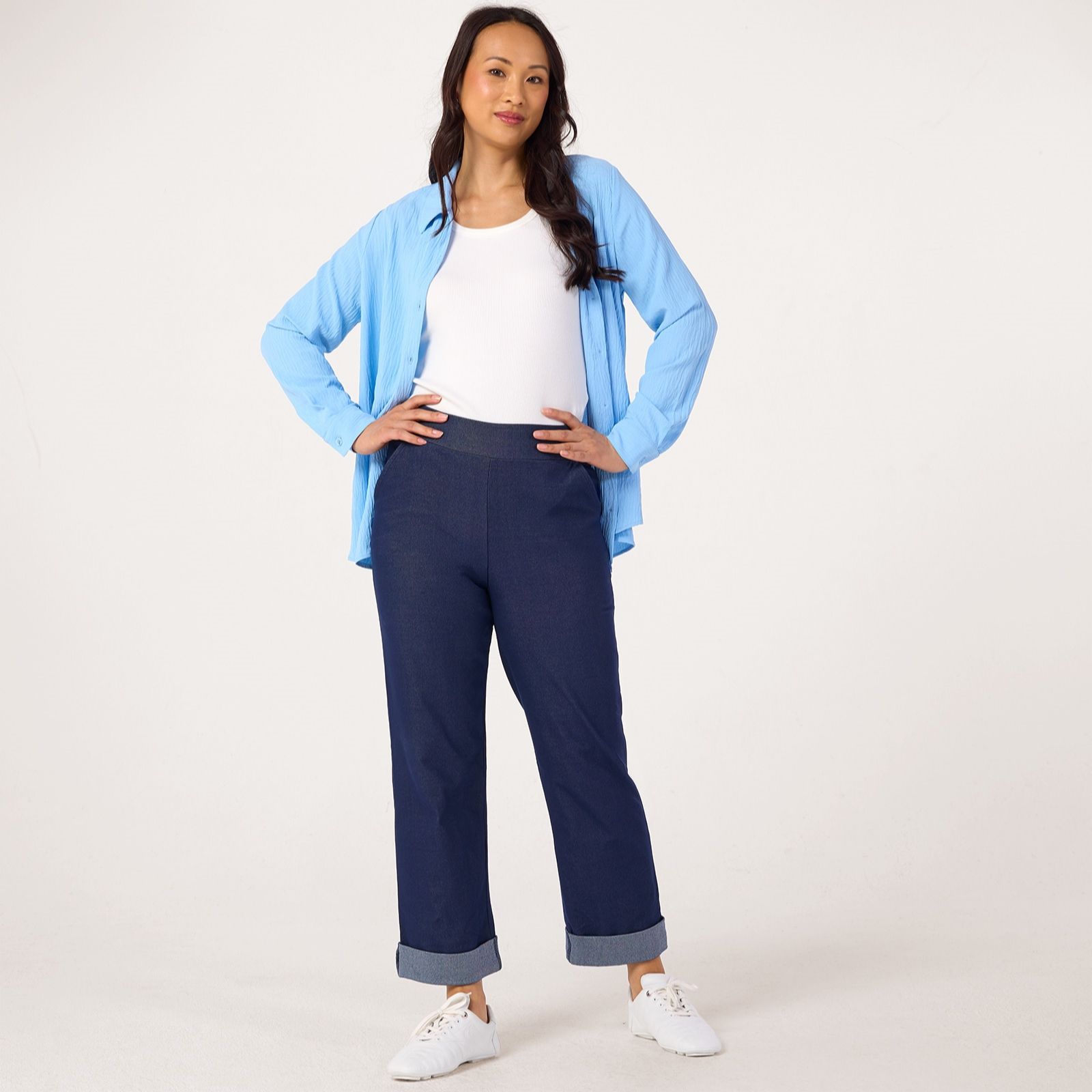 Kim & Co Deluxe Denim Knit Straight Ankle Cuff Petite Trousers