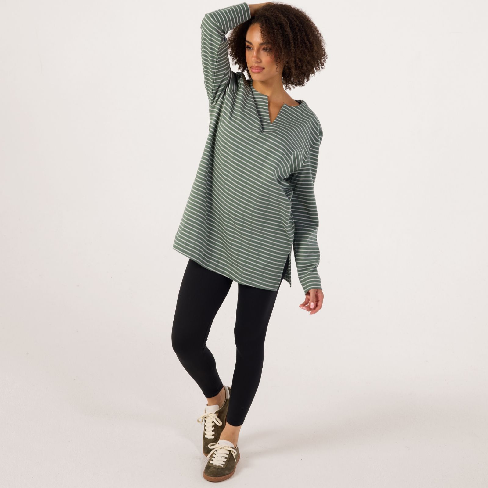 Denim & Co Essentials Stripe Cotton Jersey Split Neck Tunic