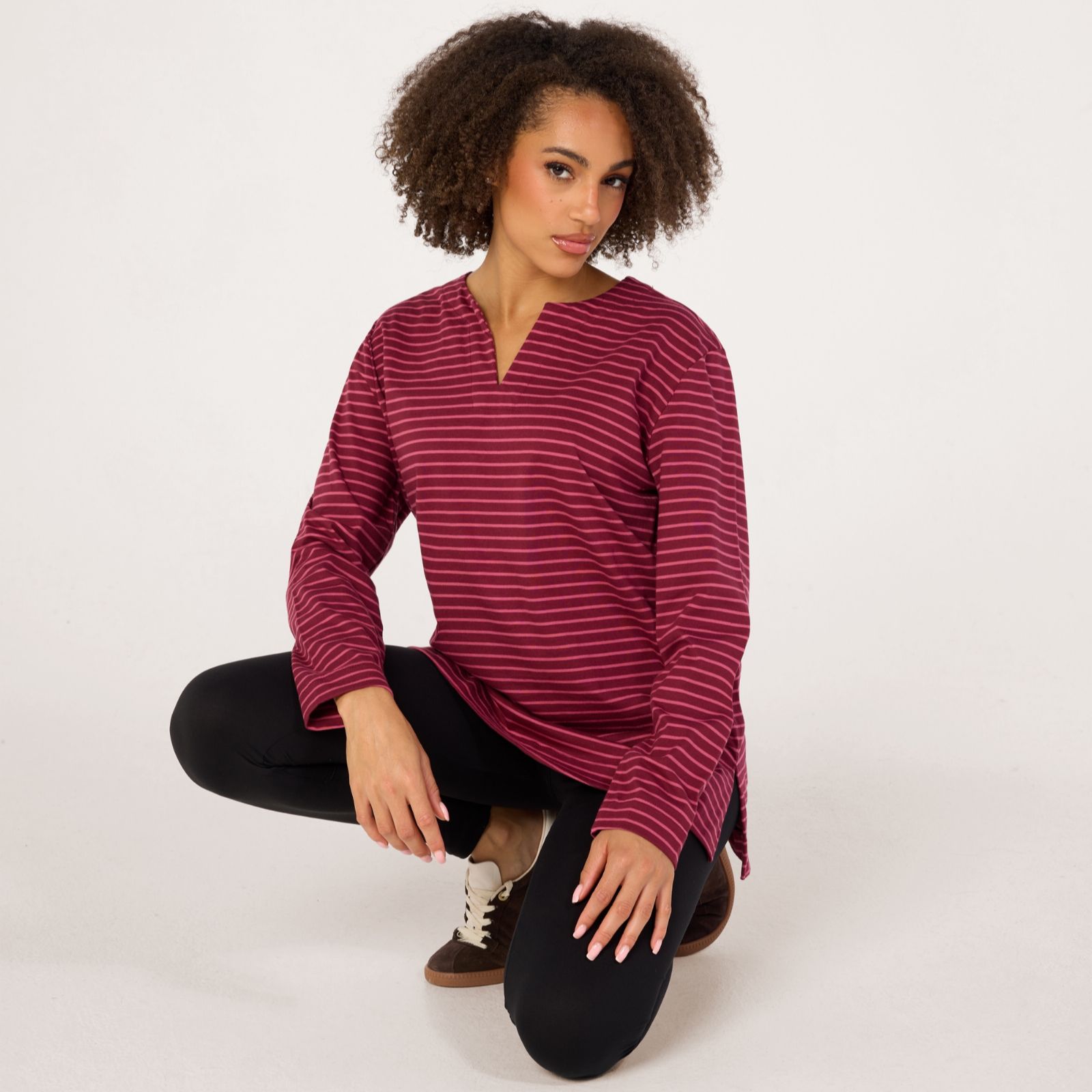 Denim & Co Essentials Stripe Cotton Jersey Split Neck Tunic