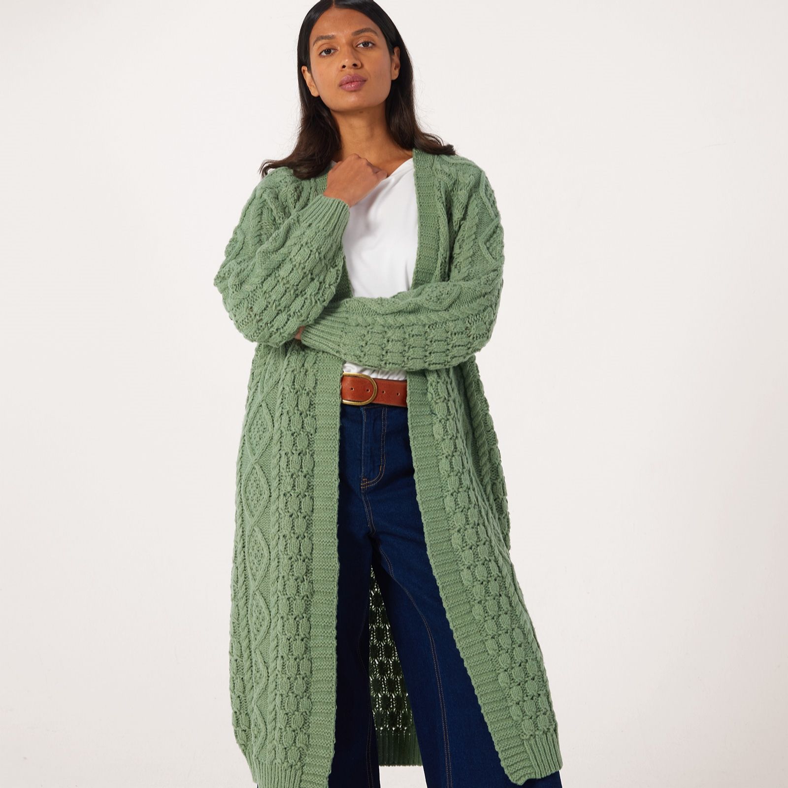 Apricot Longline Cable Knit Edge to Edge Cardigan