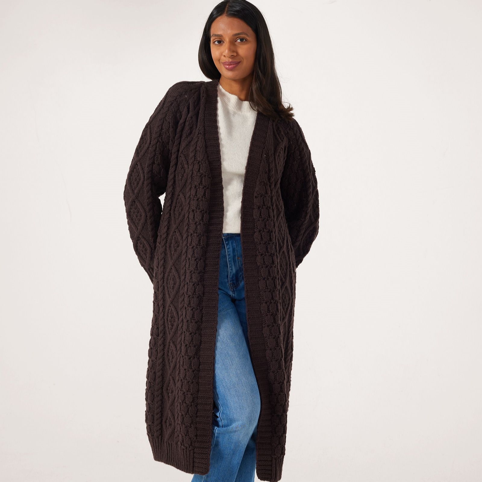 Apricot Longline Cable Knit Edge to Edge Cardigan