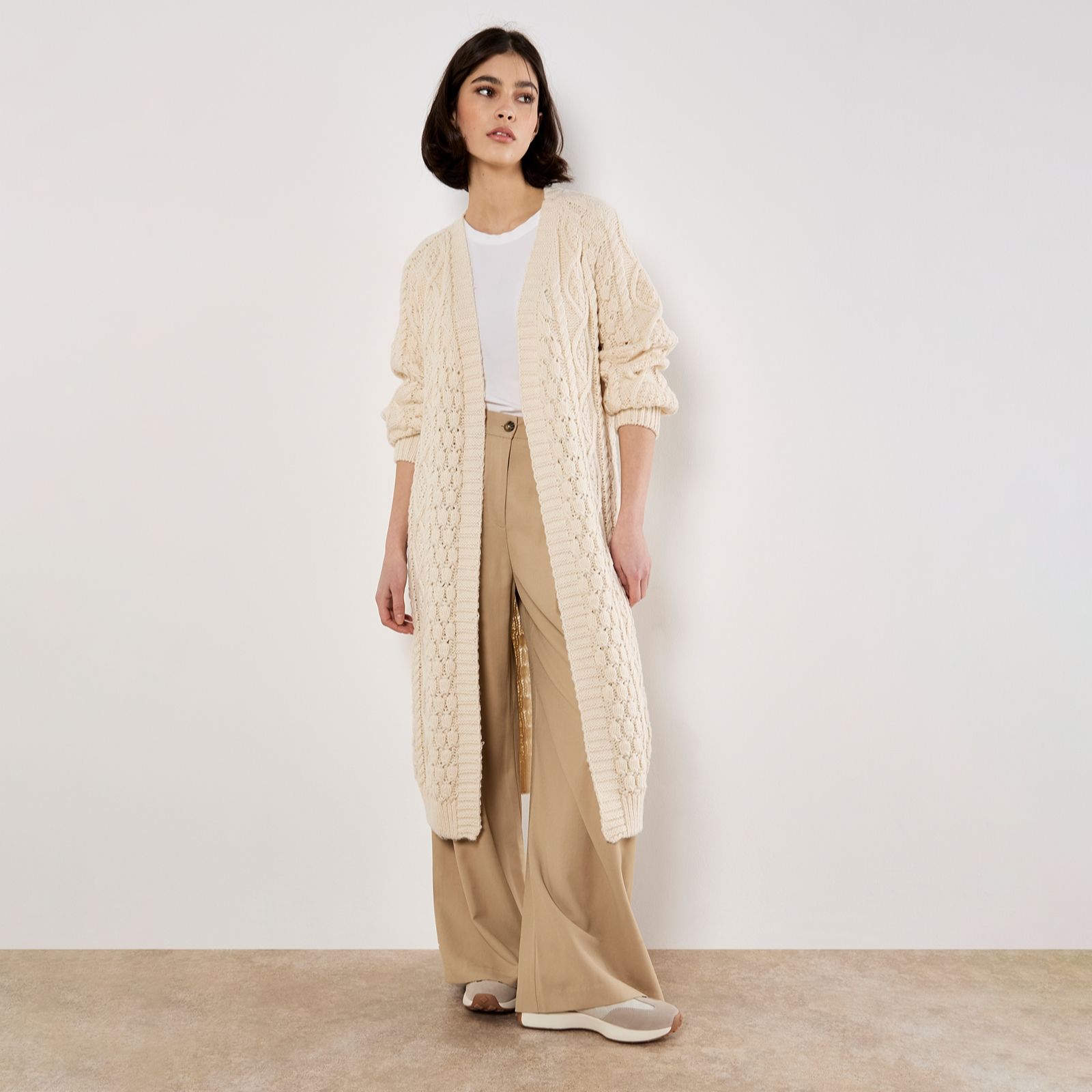 Apricot Longline Cable Knit Edge to Edge Cardigan