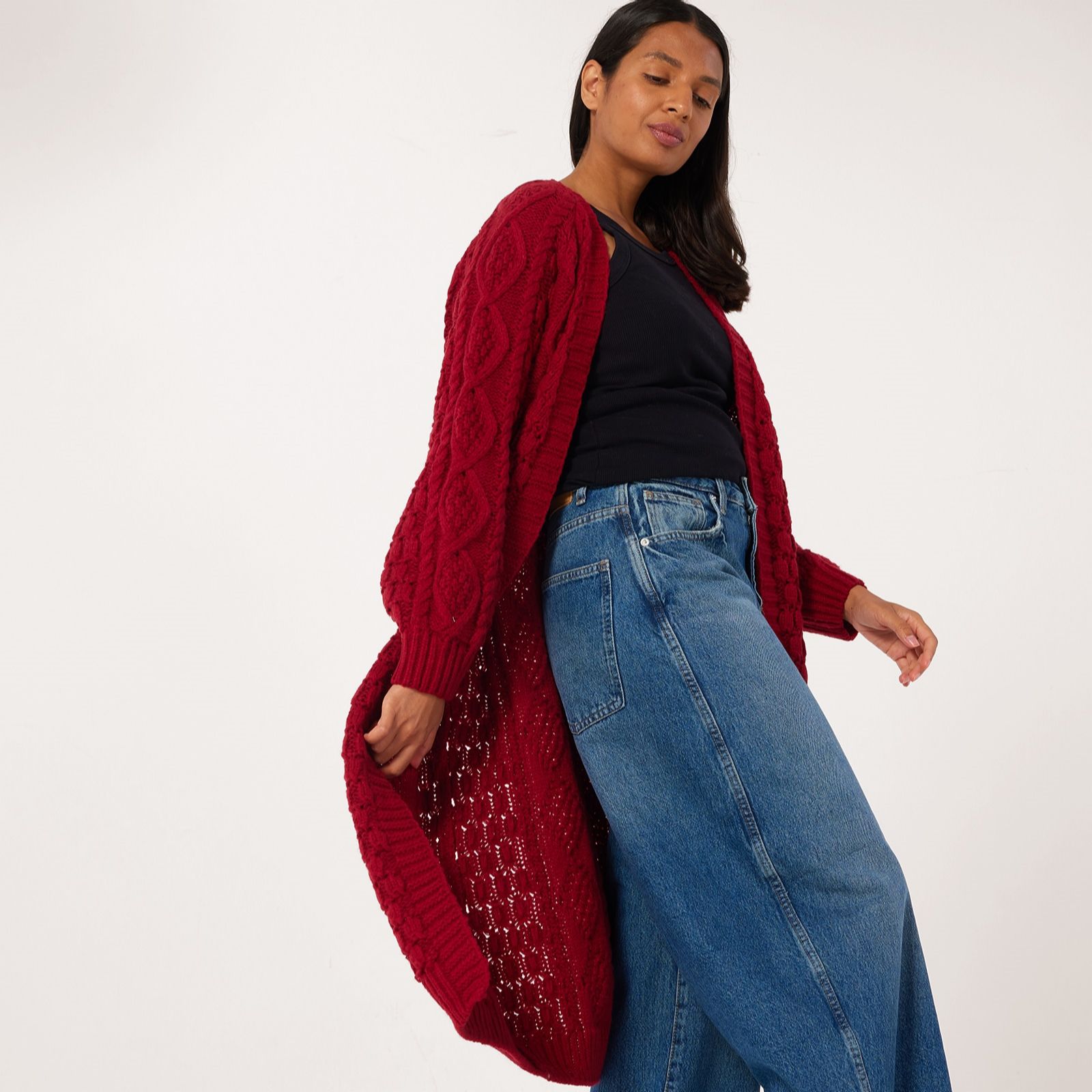 Apricot Longline Cable Knit Edge to Edge Cardigan