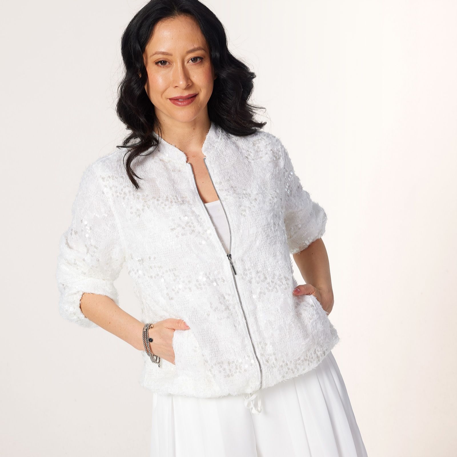 MarlaWynne Collection Embellished Chiffon Bomber Jacket