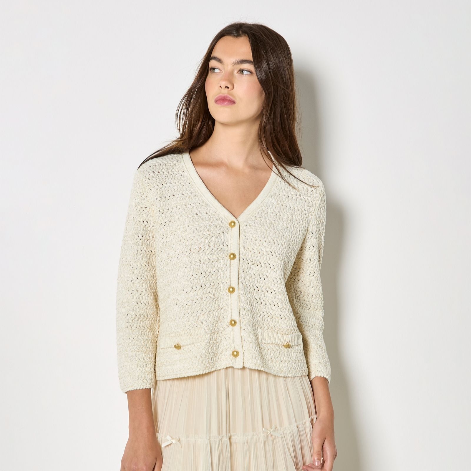 Apricot Metal Button Sparkle Cardigan