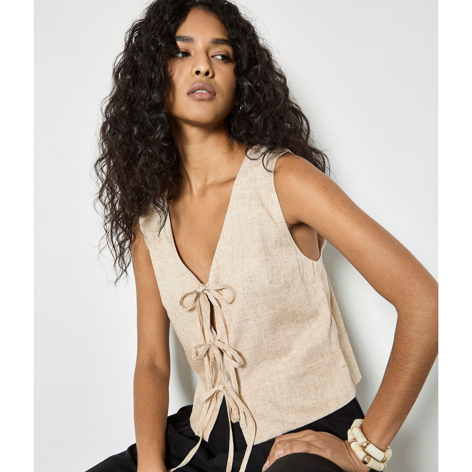 Apricot Tie Front Linen Blend Top