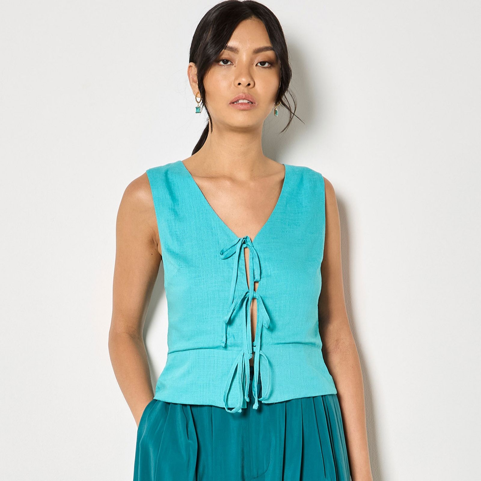 Apricot Tie Front Linen Blend Top