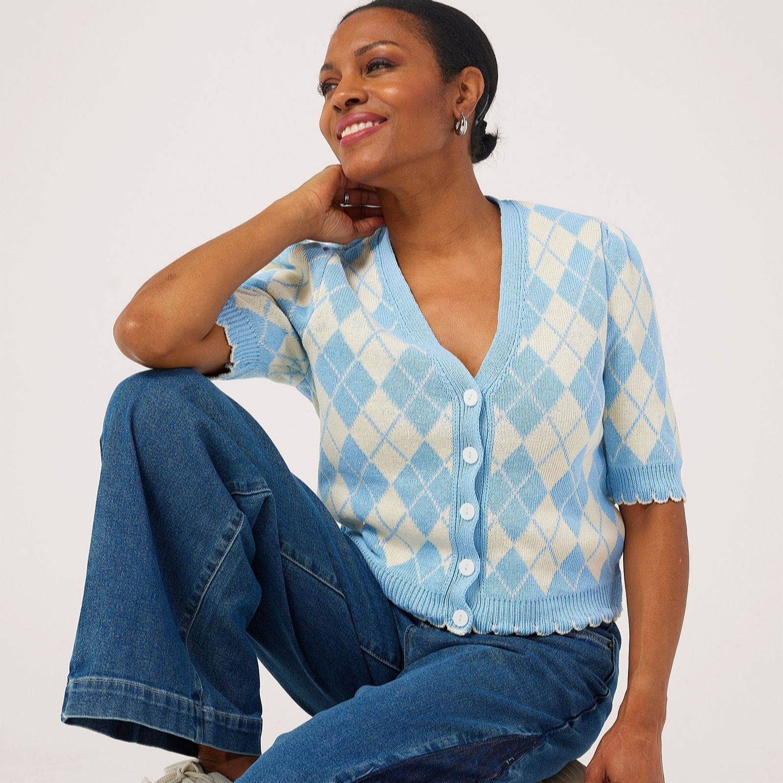 Helene Berman Cotton Blend Argyle Knit Button Up Puff Knit Cardigan