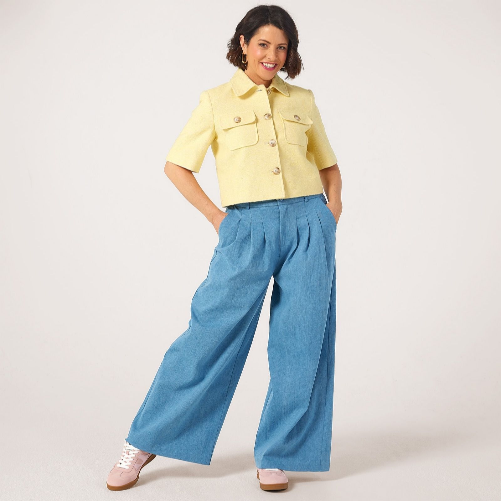 Helene Berman X Katy Pleated Denim Wide Leg Trousers with Stretch Waist