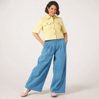 Helene Berman X Katy Pleated Denim Wide Leg Trousers with Stretch Waist